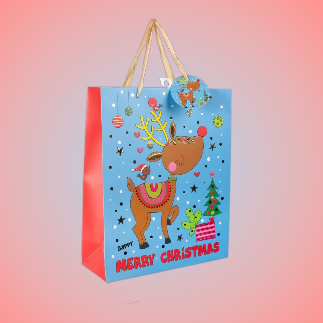 Christmas Gift Bag with Foil Detailing Joyful Reindeer 26 X 10 X 32cm 1pc