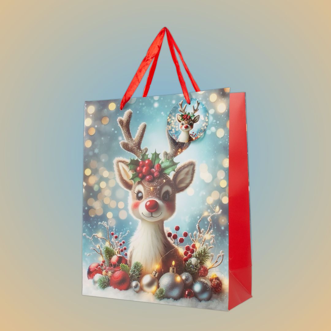Christmas Gift Bag With Glitter Festive Reindeer 26 X 10 X 32cm 1pc