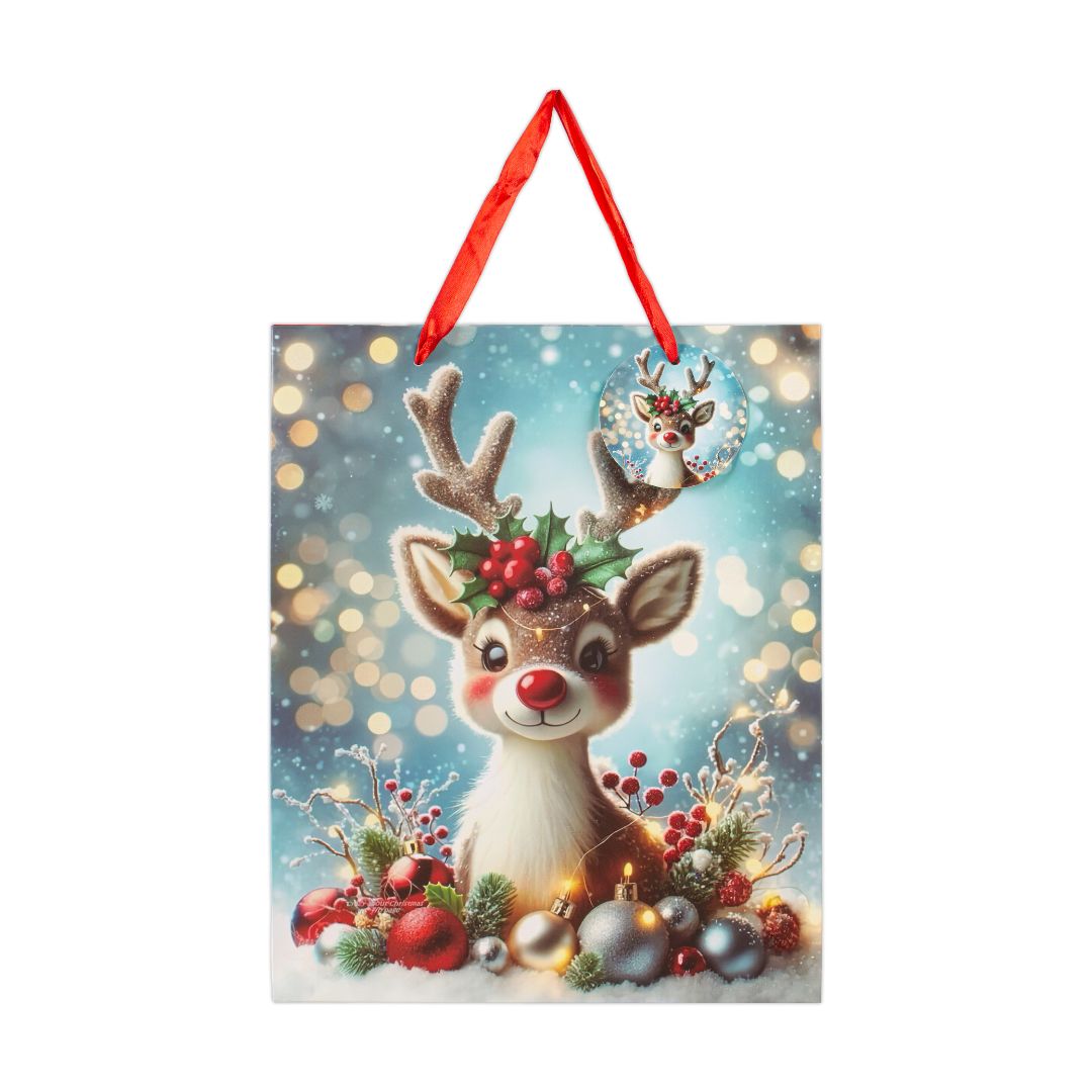 Christmas Gift Bag With Glitter Festive Reindeer 26 X 10 X 32cm 1pc