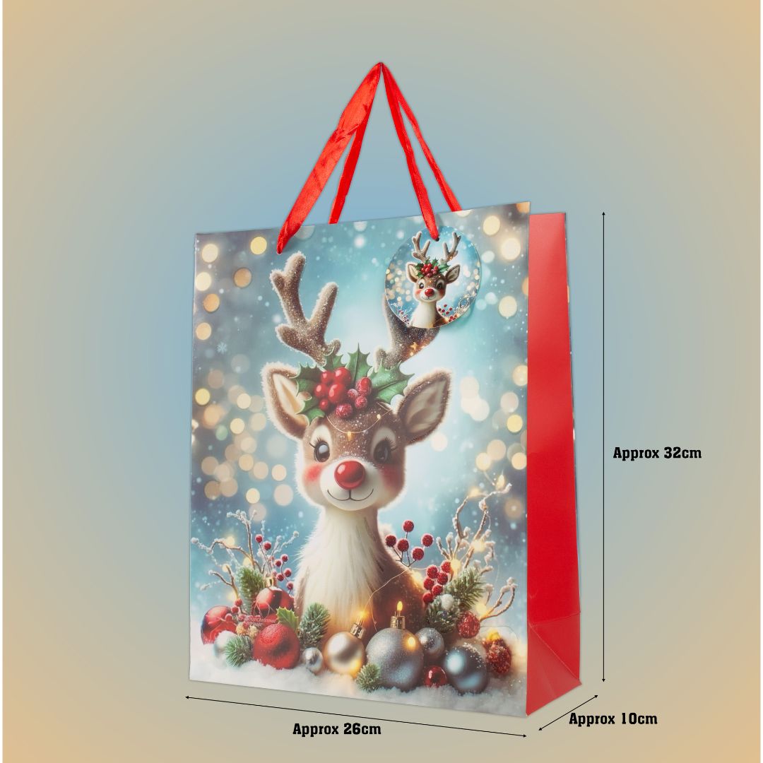 Christmas Gift Bag With Glitter Festive Reindeer 26 X 10 X 32cm 1pc
