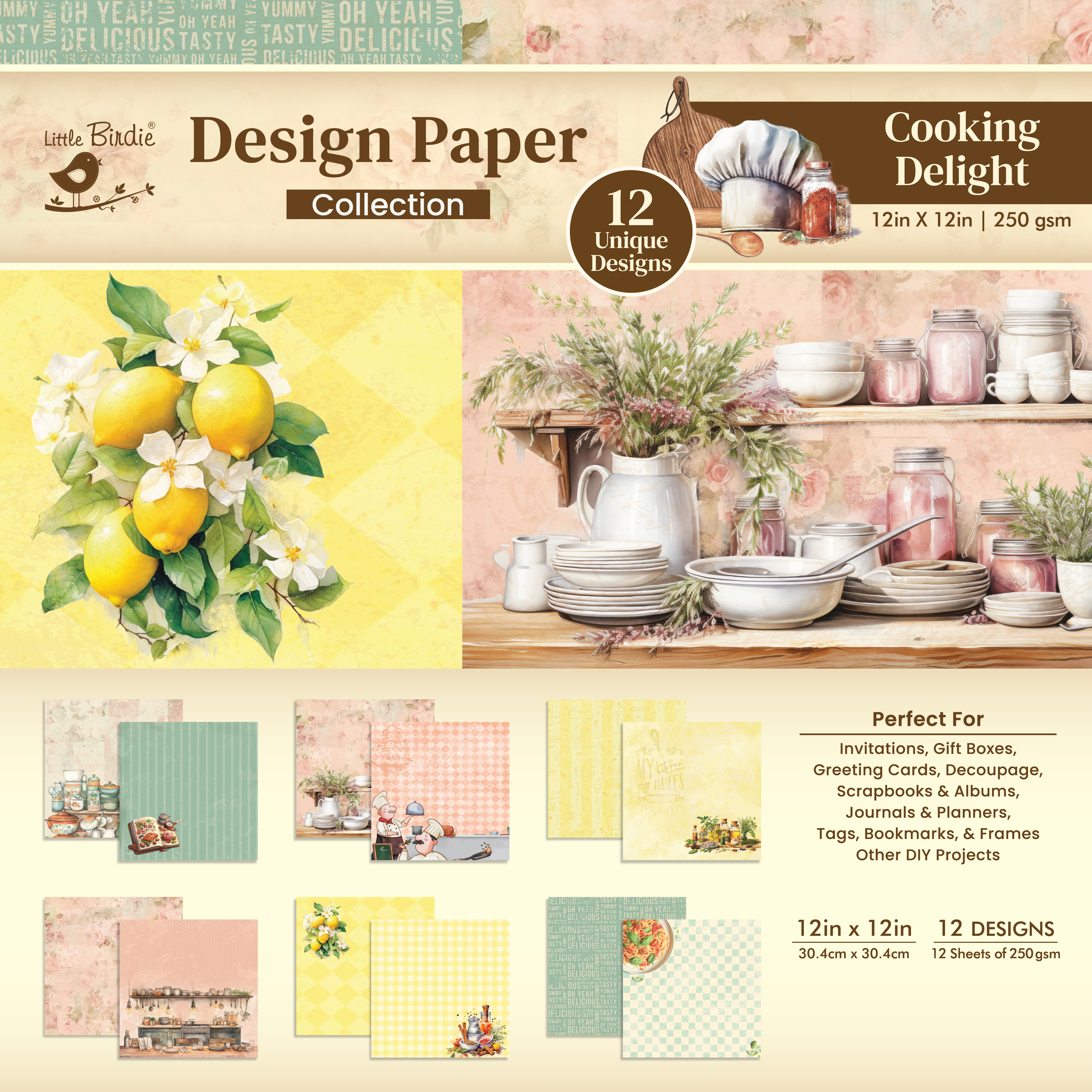 Paper pack 12 x 12inch Cooking Delight 12 Designs 250gsm