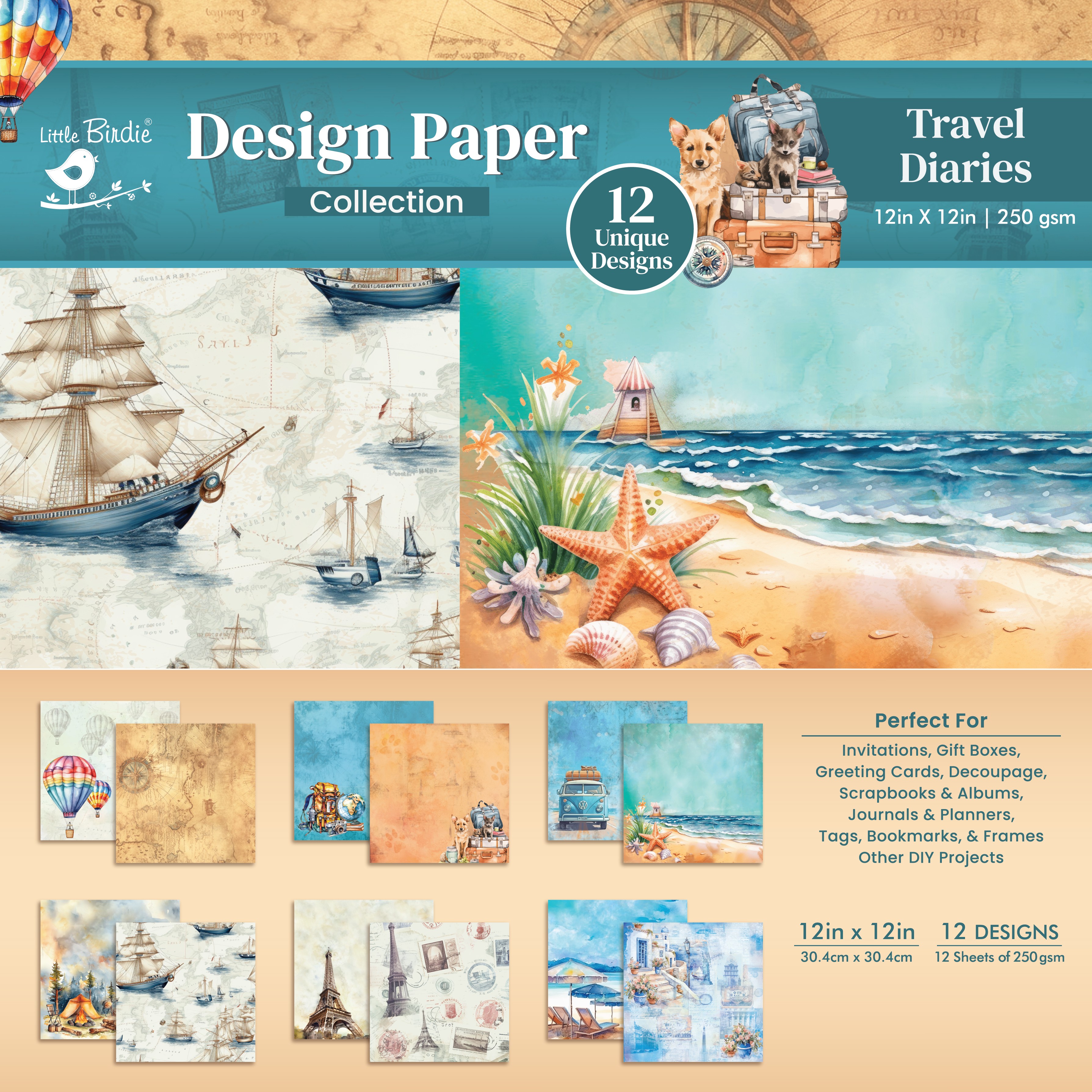 Paper pack 12 x 12inch Travel Diaries 12 Designs 250gsm