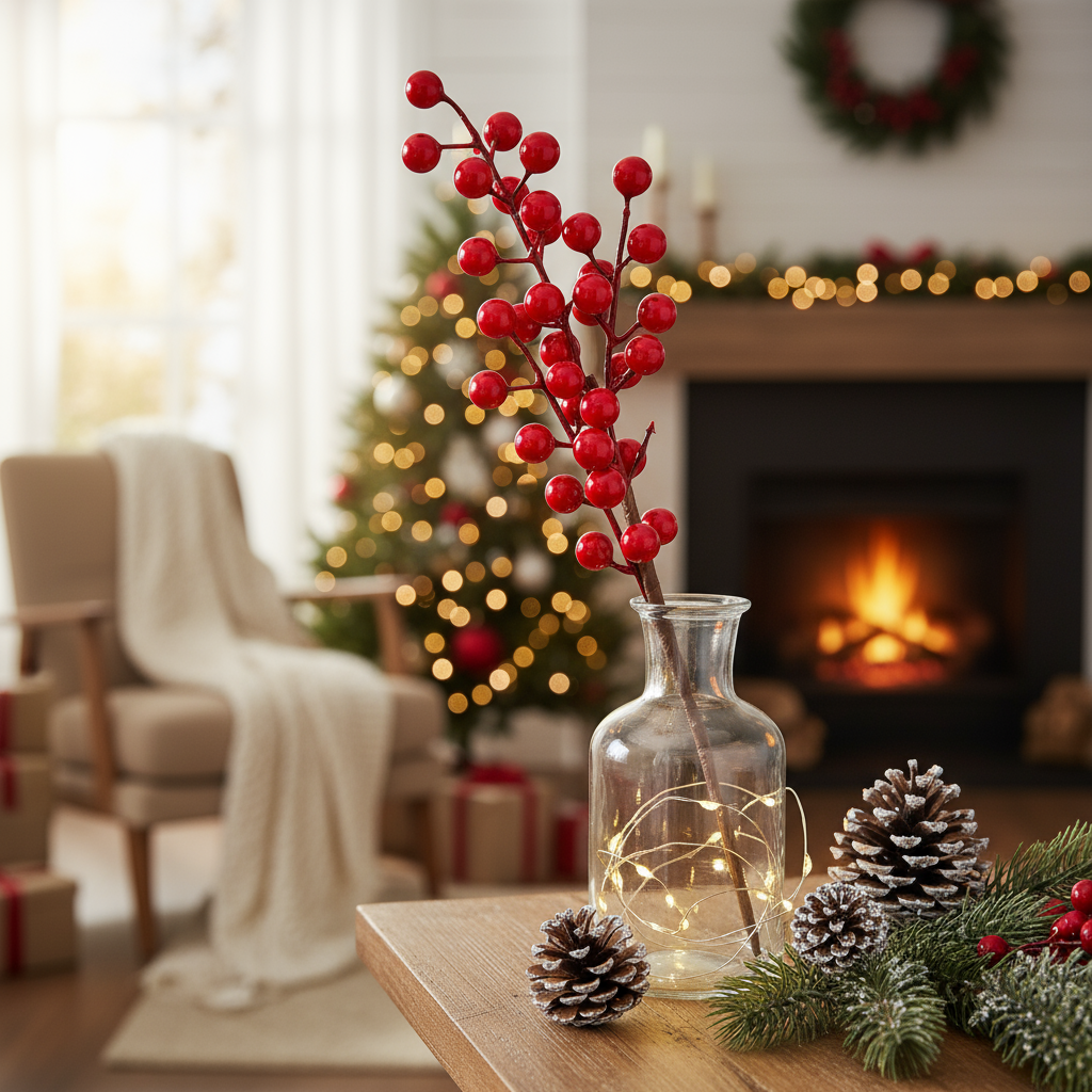 Christmas Decor Glossy Berry Stem Red 30cm 1pc