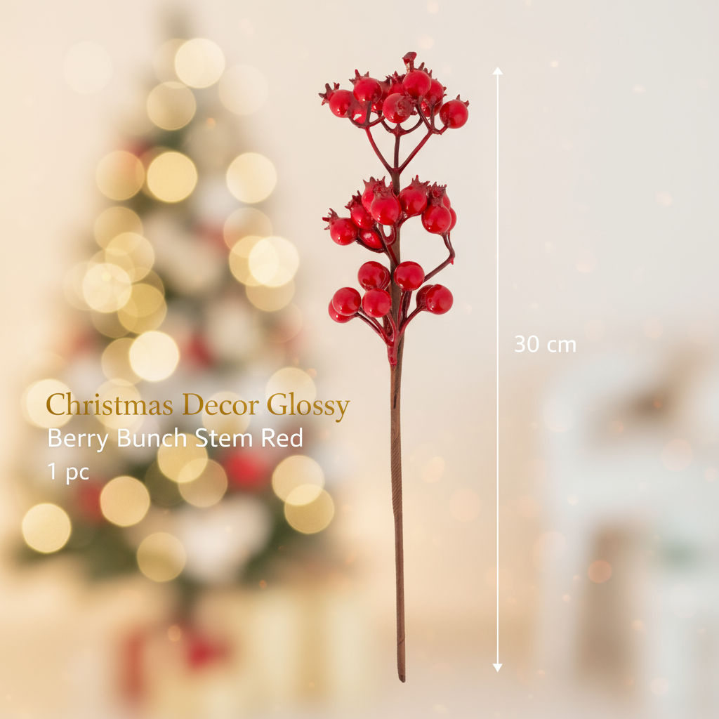 Christmas Decor Glossy Berry Bunch Stem Red 30cm 1pc