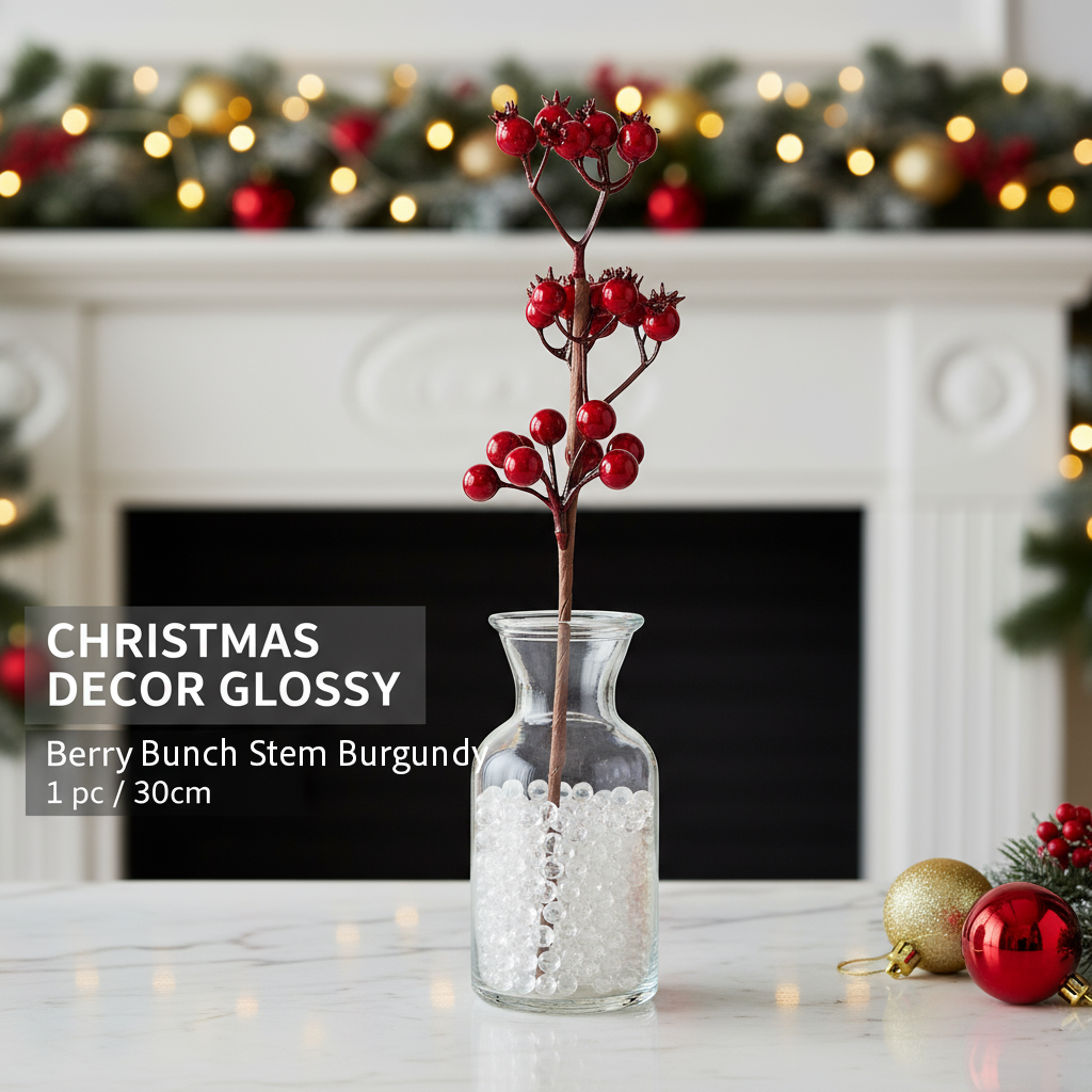 Christmas Decor Glossy Berry Bunch Stem Burgundy 30cm 1pc