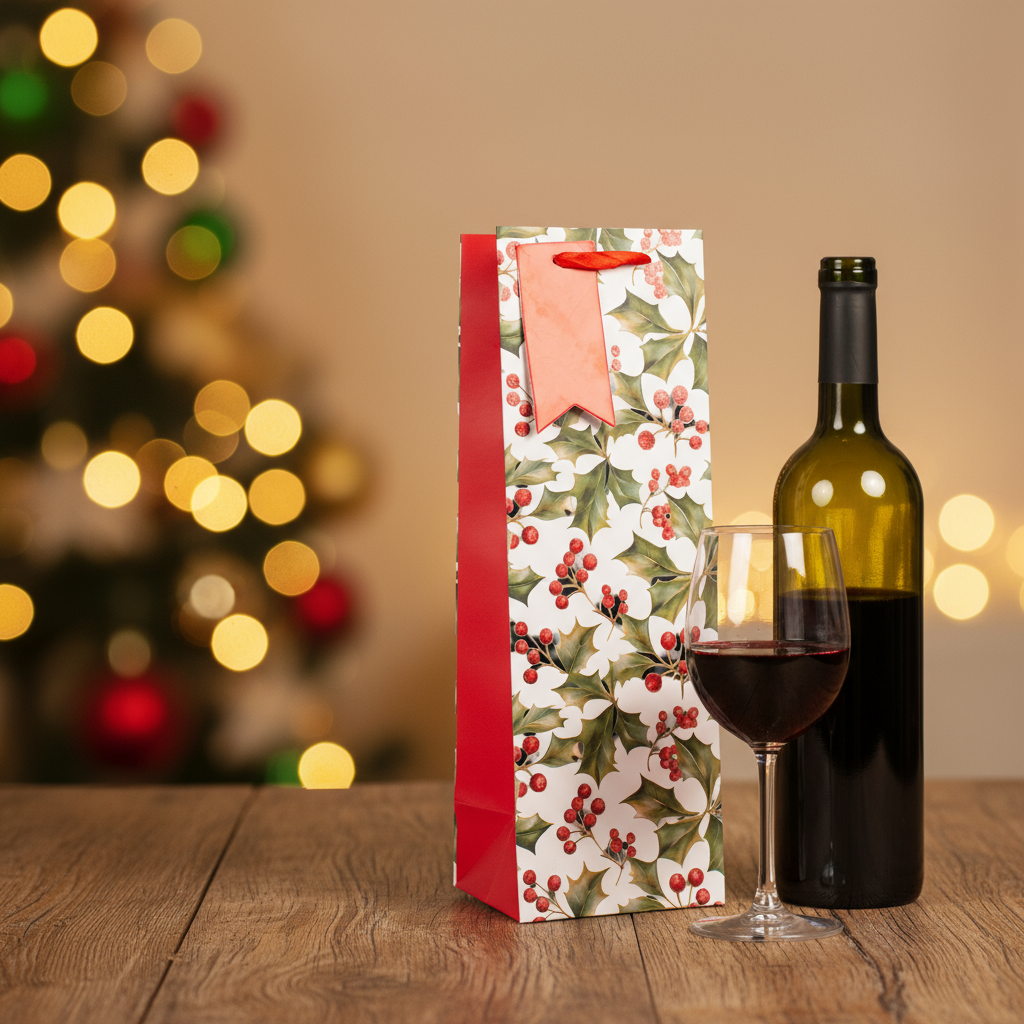 Christmas Wine Gift Bag with Glitter Winter Holly 12 X 10 X 36cm 1pc