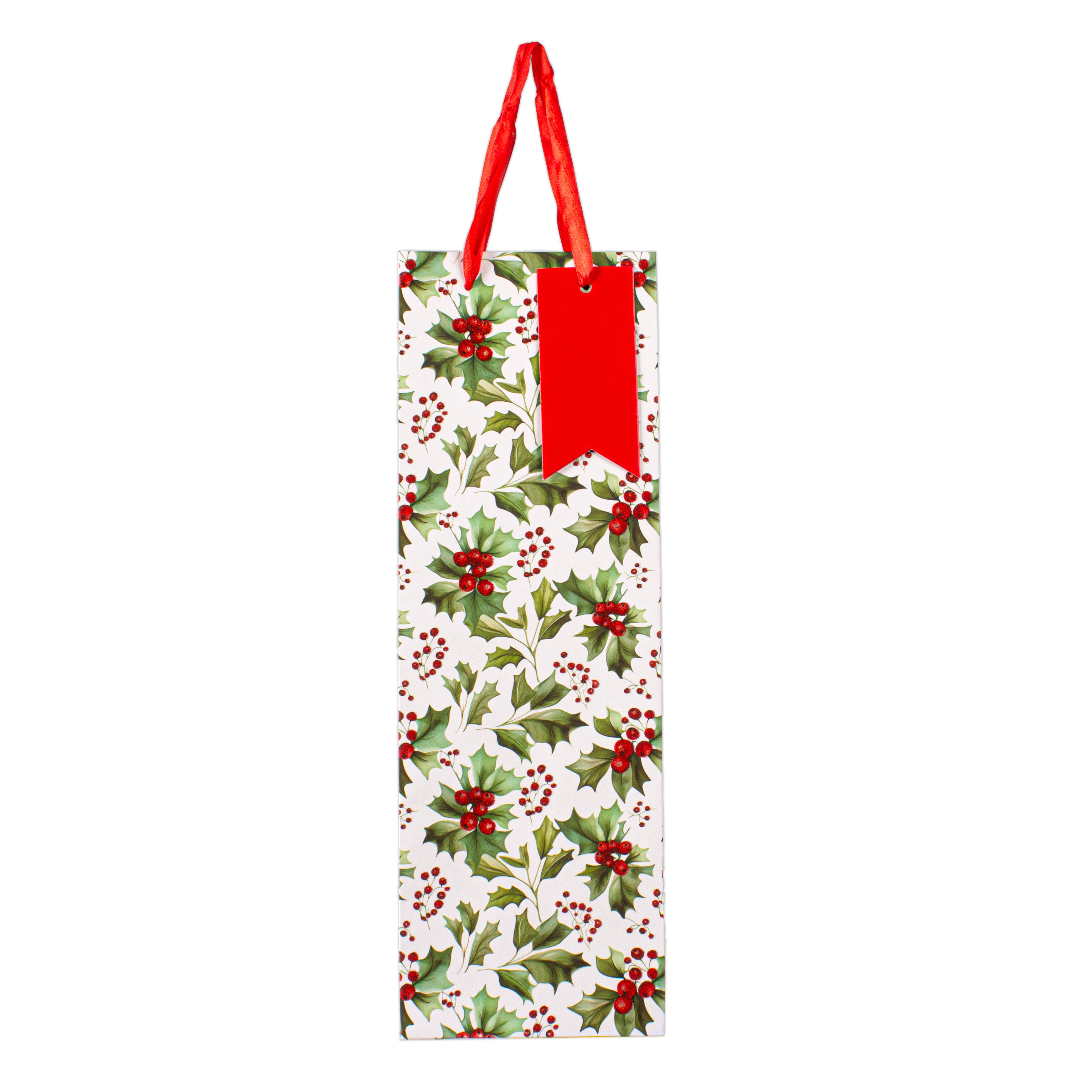 Christmas Wine Gift Bag with Glitter Holly Berry 12 X 10 X 36cm 1pc