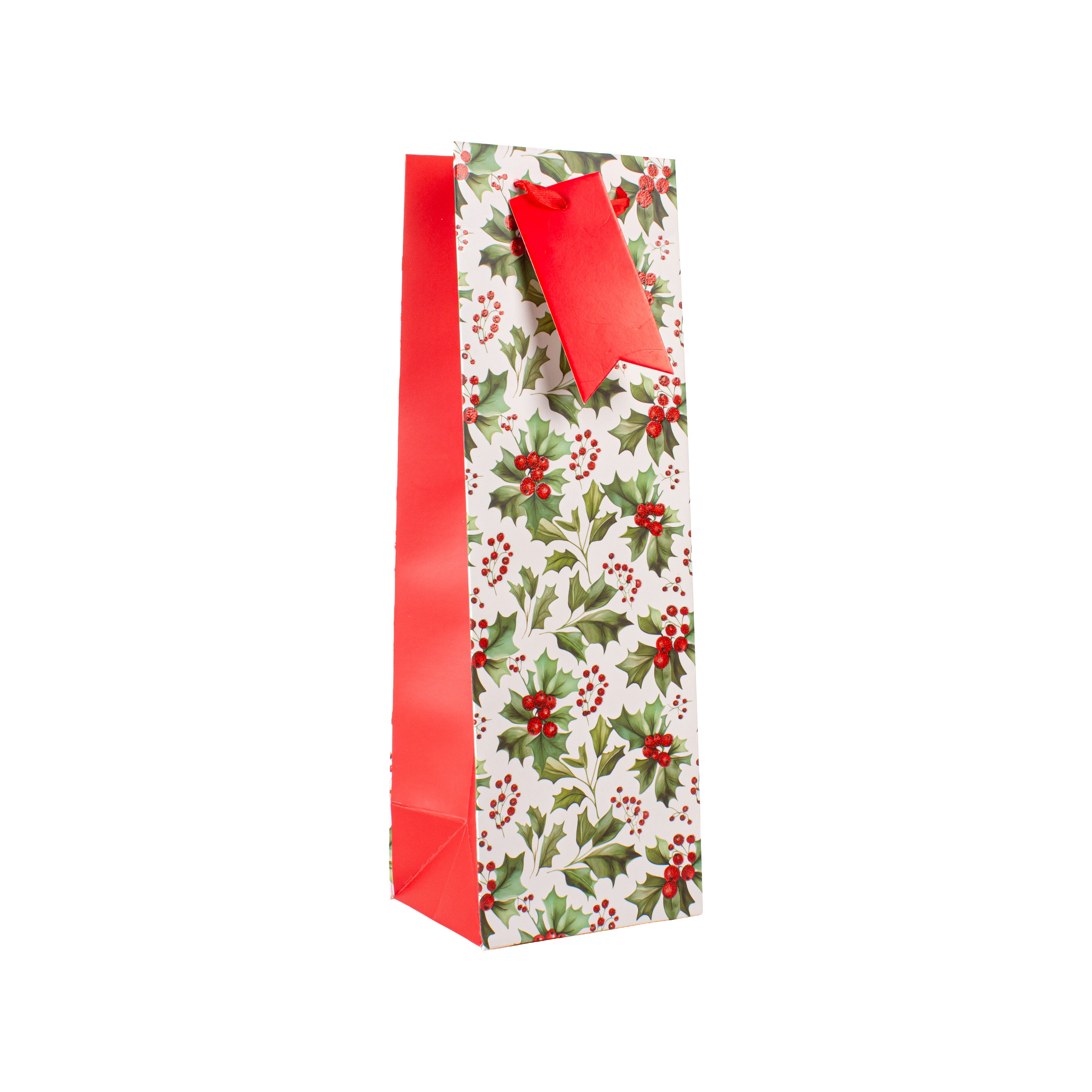 Christmas Wine Gift Bag with Glitter Holly Berry 12 X 10 X 36cm 1pc