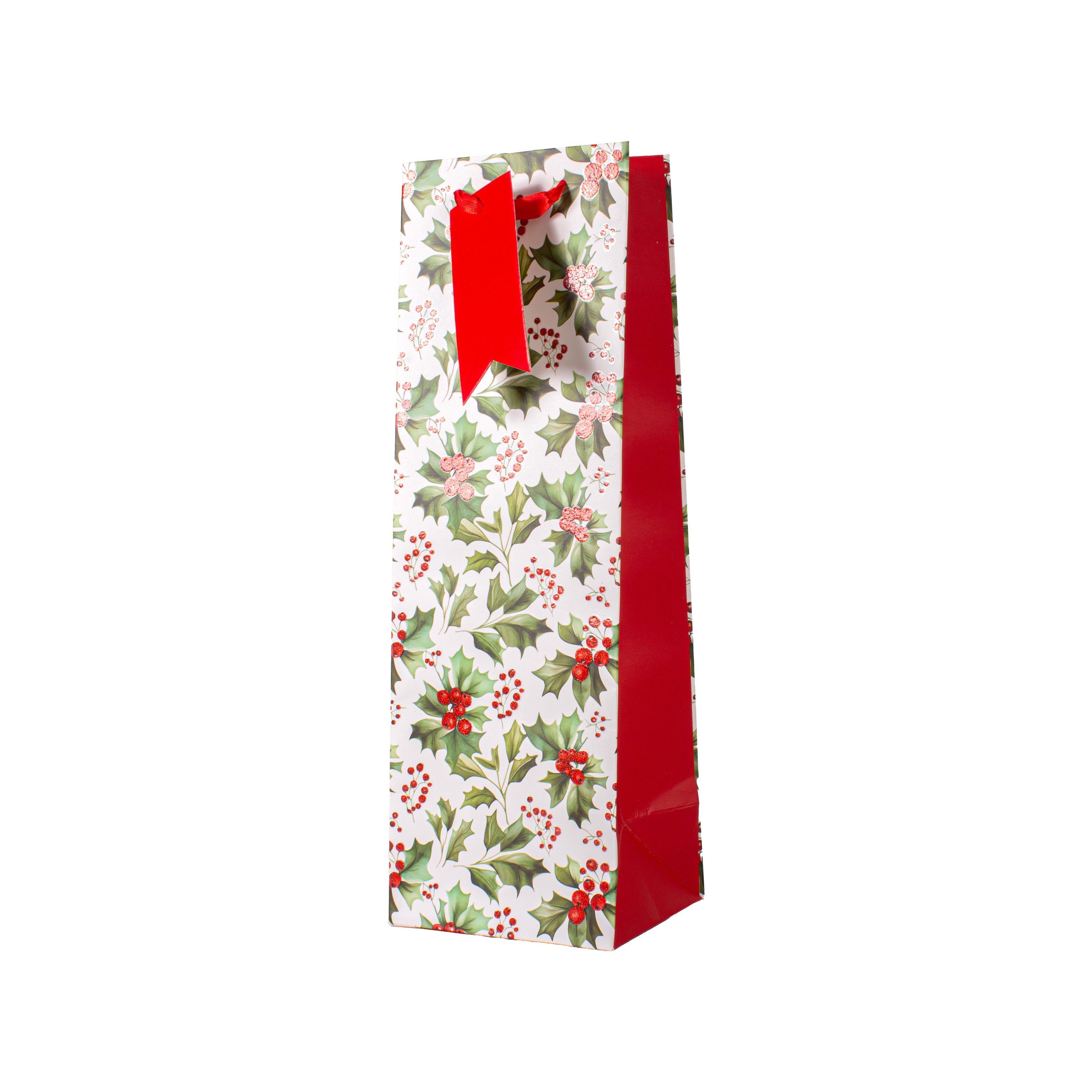 Christmas Wine Gift Bag with Glitter Holly Berry 12 X 10 X 36cm 1pc