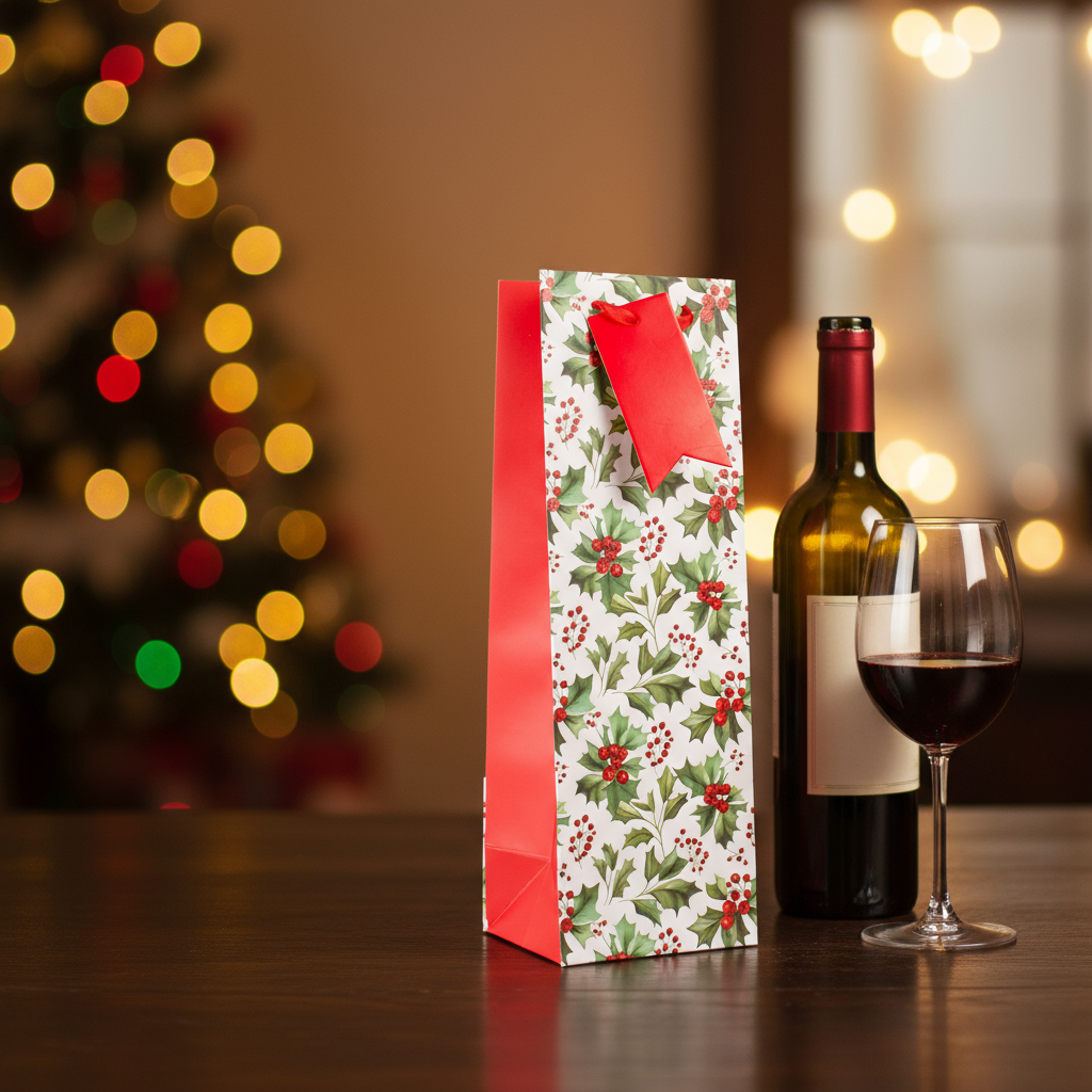 Christmas Wine Gift Bag with Glitter Holly Berry 12 X 10 X 36cm 1pc