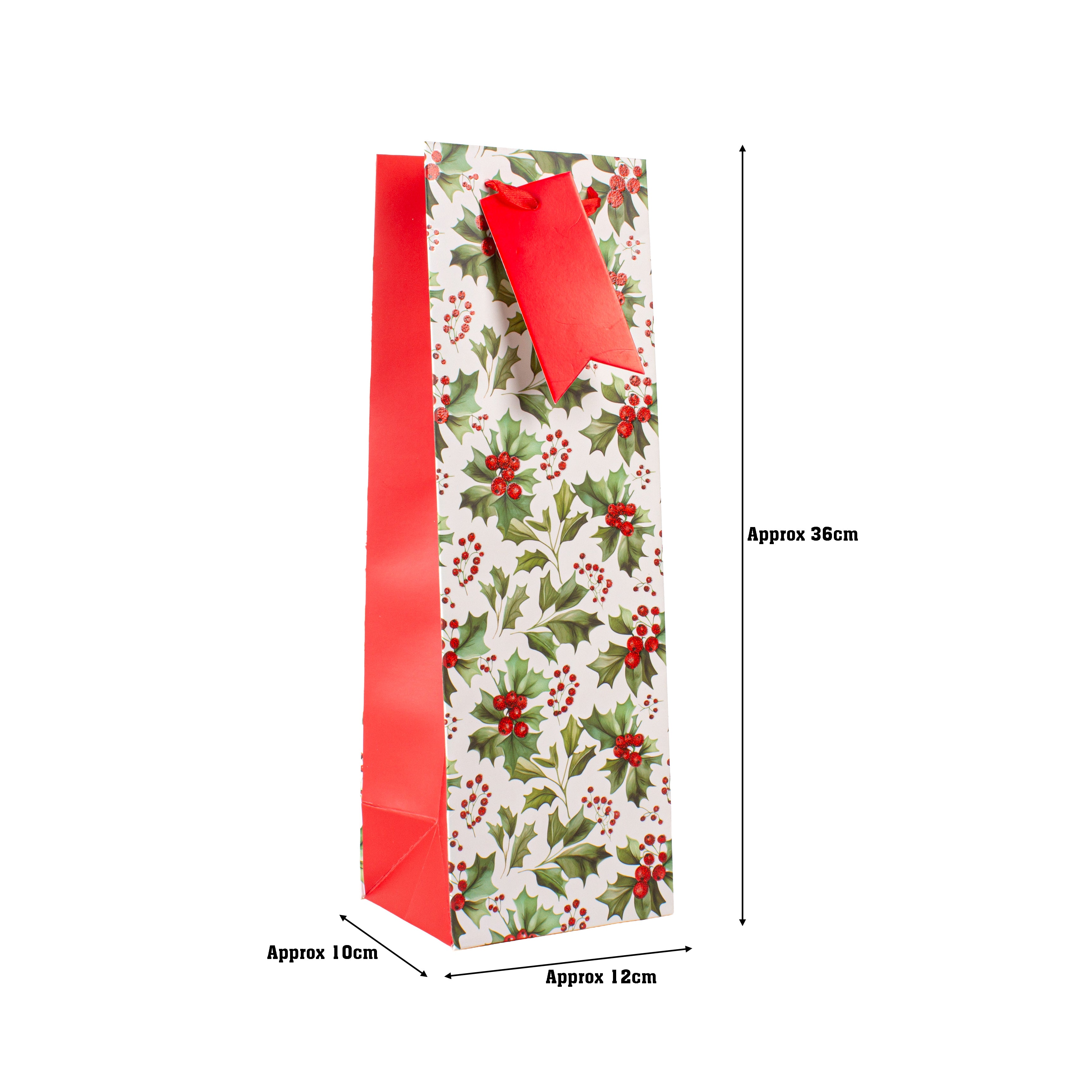 Christmas Wine Gift Bag with Glitter Holly Berry 12 X 10 X 36cm 1pc