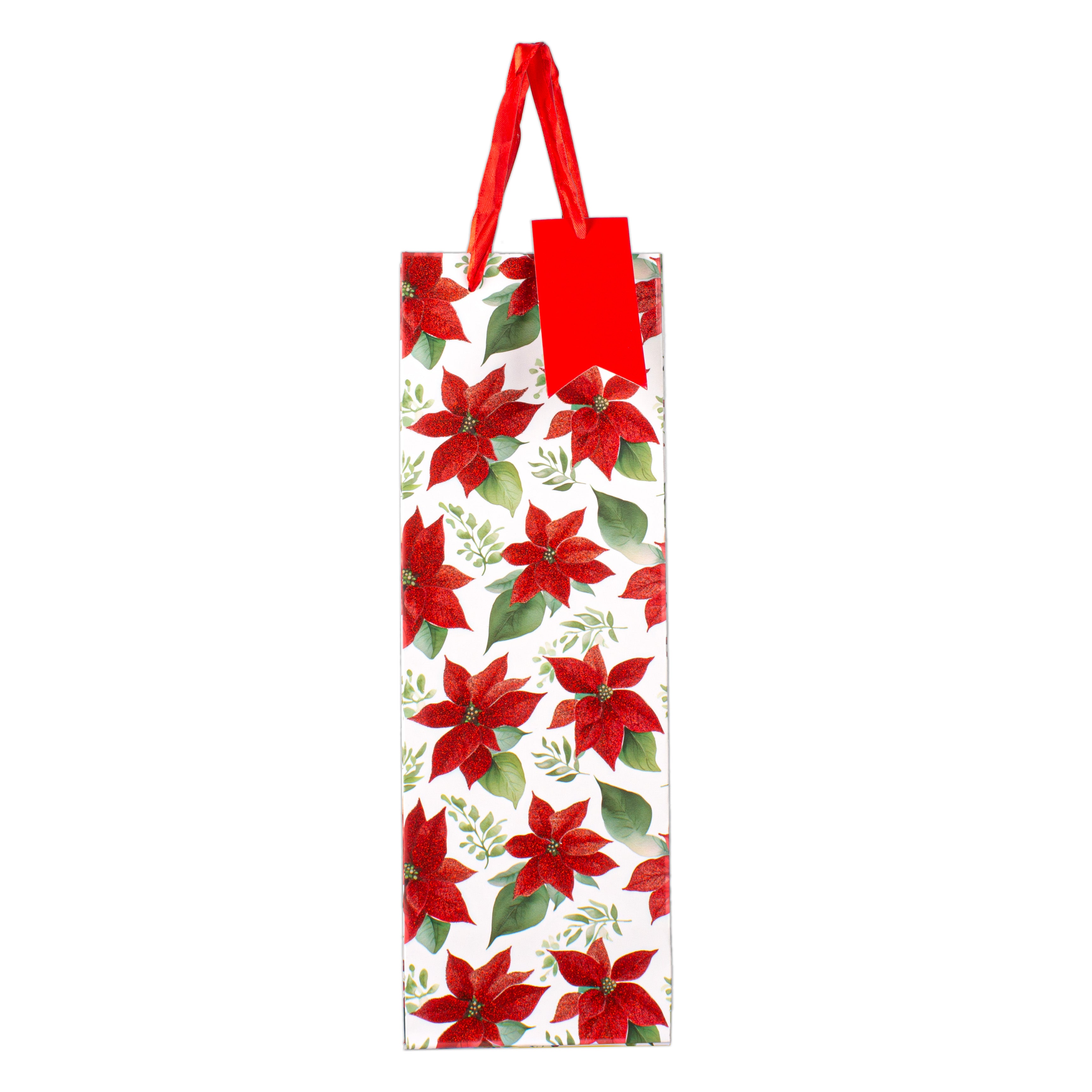 Christmas Wine Gift Bag with Glitter Red Poinsettia 12 X 10 X 36cm 1pc