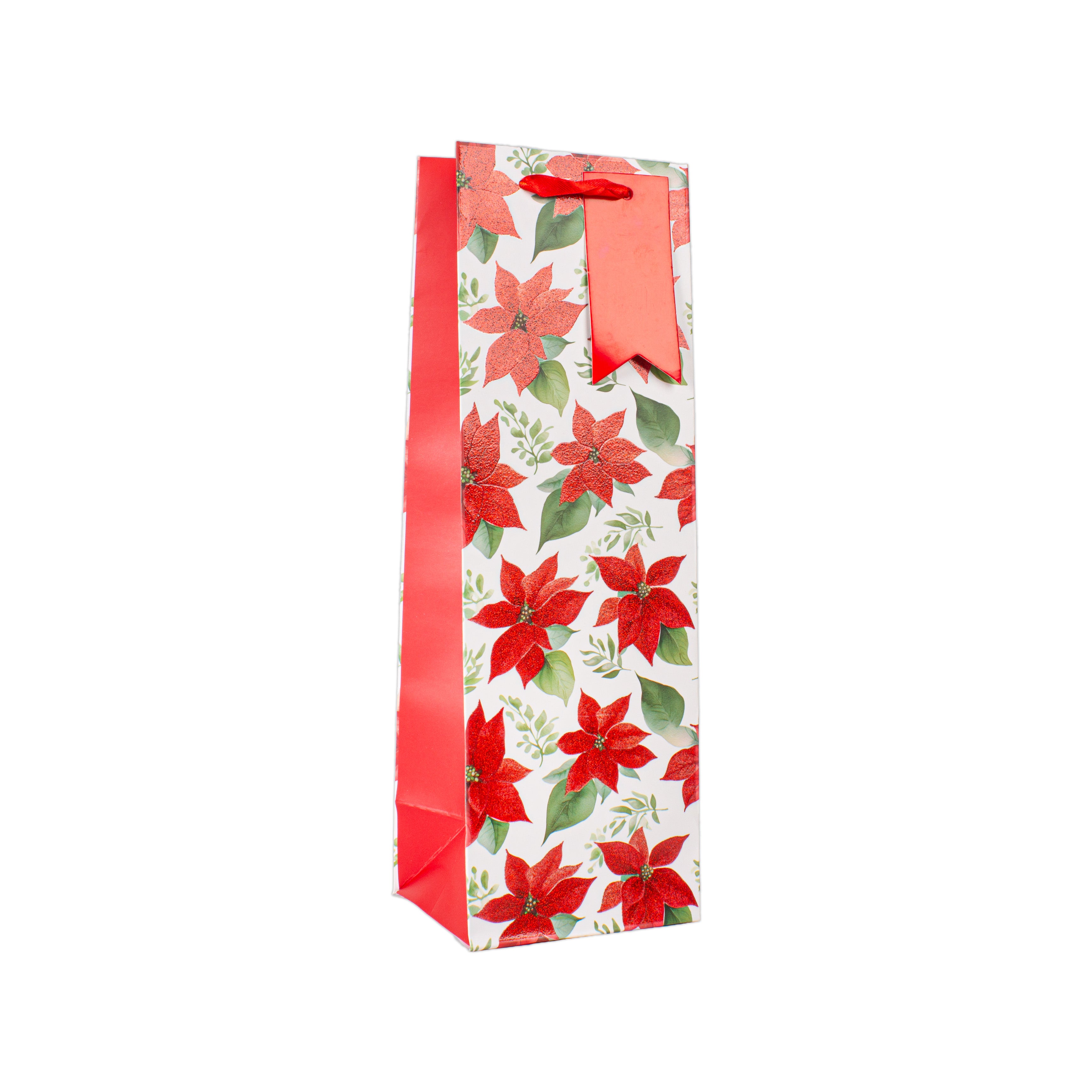 Christmas Wine Gift Bag with Glitter Red Poinsettia 12 X 10 X 36cm 1pc