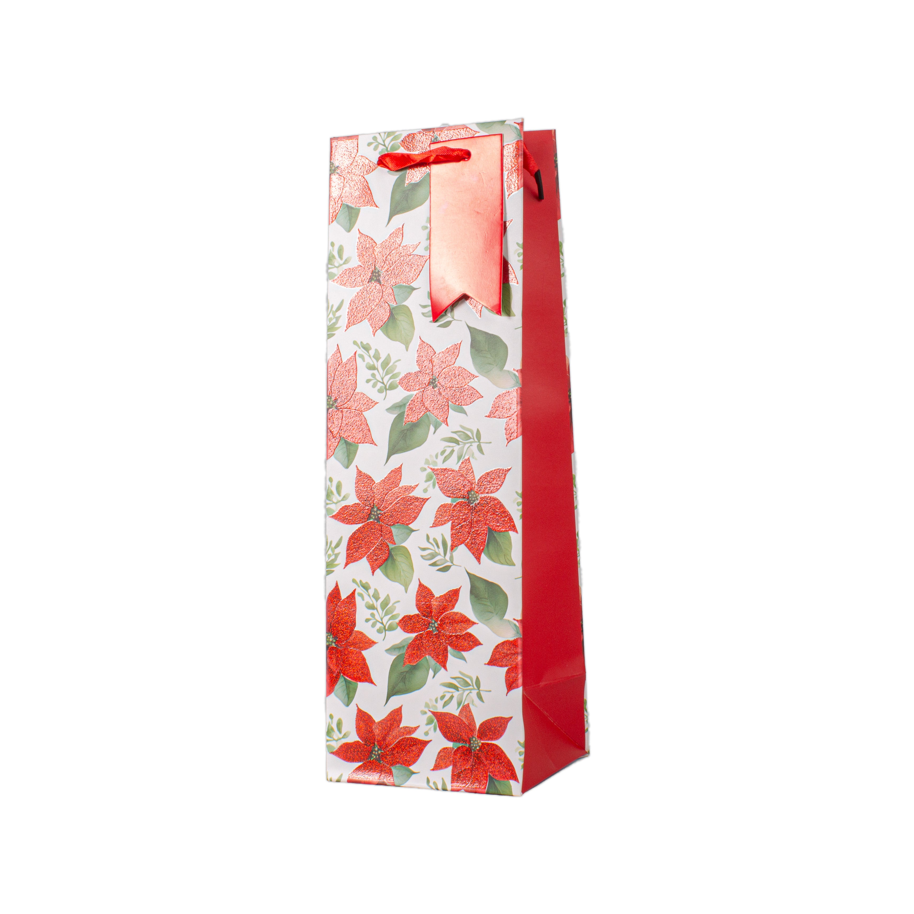 Christmas Wine Gift Bag with Glitter Red Poinsettia 12 X 10 X 36cm 1pc