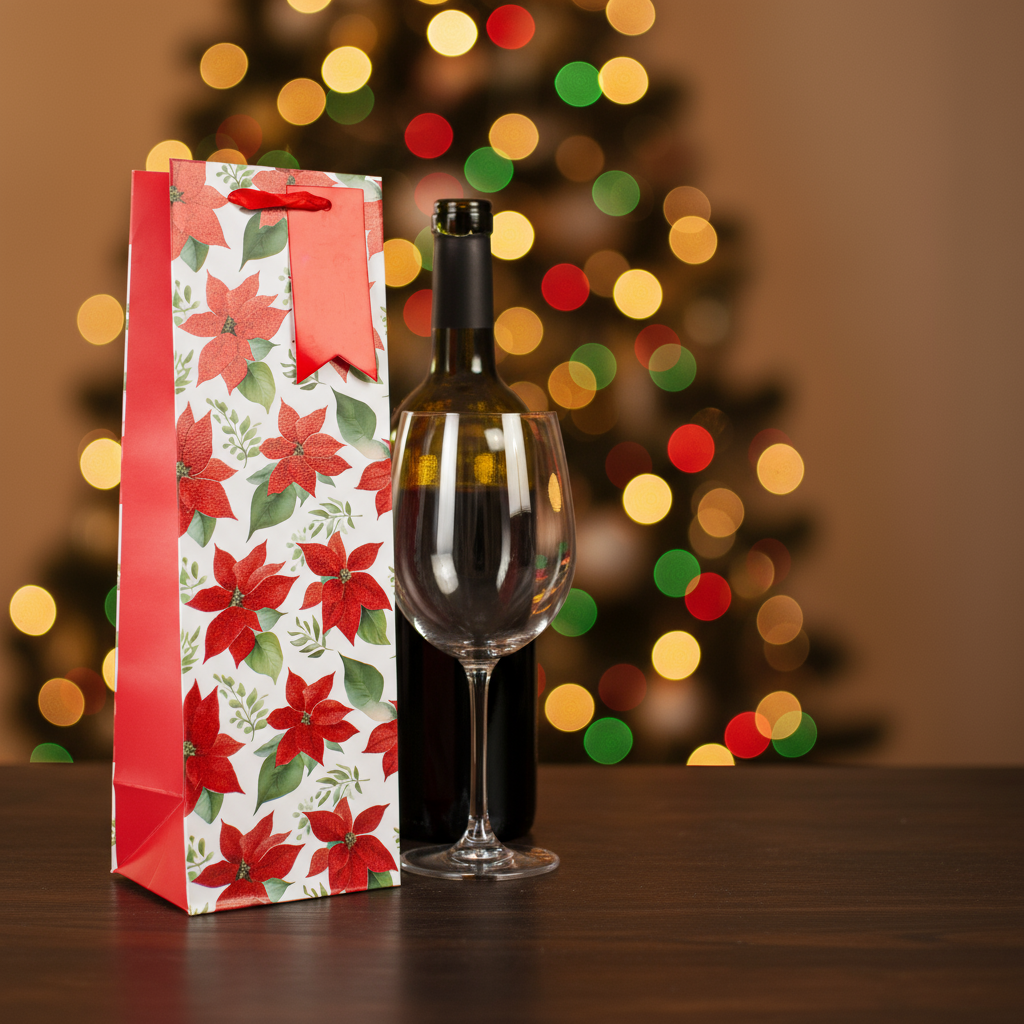 Christmas Wine Gift Bag with Glitter Red Poinsettia 12 X 10 X 36cm 1pc