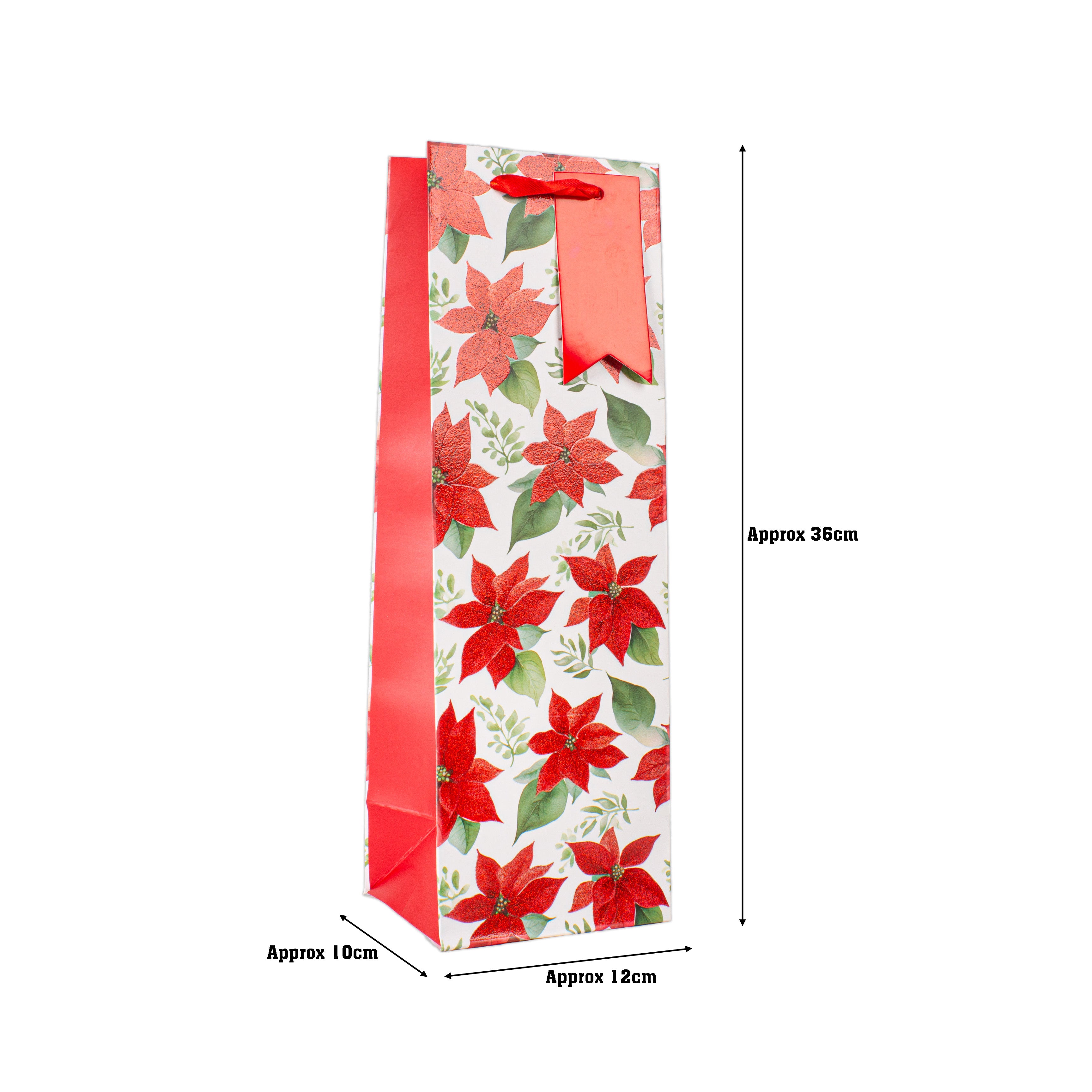Christmas Wine Gift Bag with Glitter Red Poinsettia 12 X 10 X 36cm 1pc