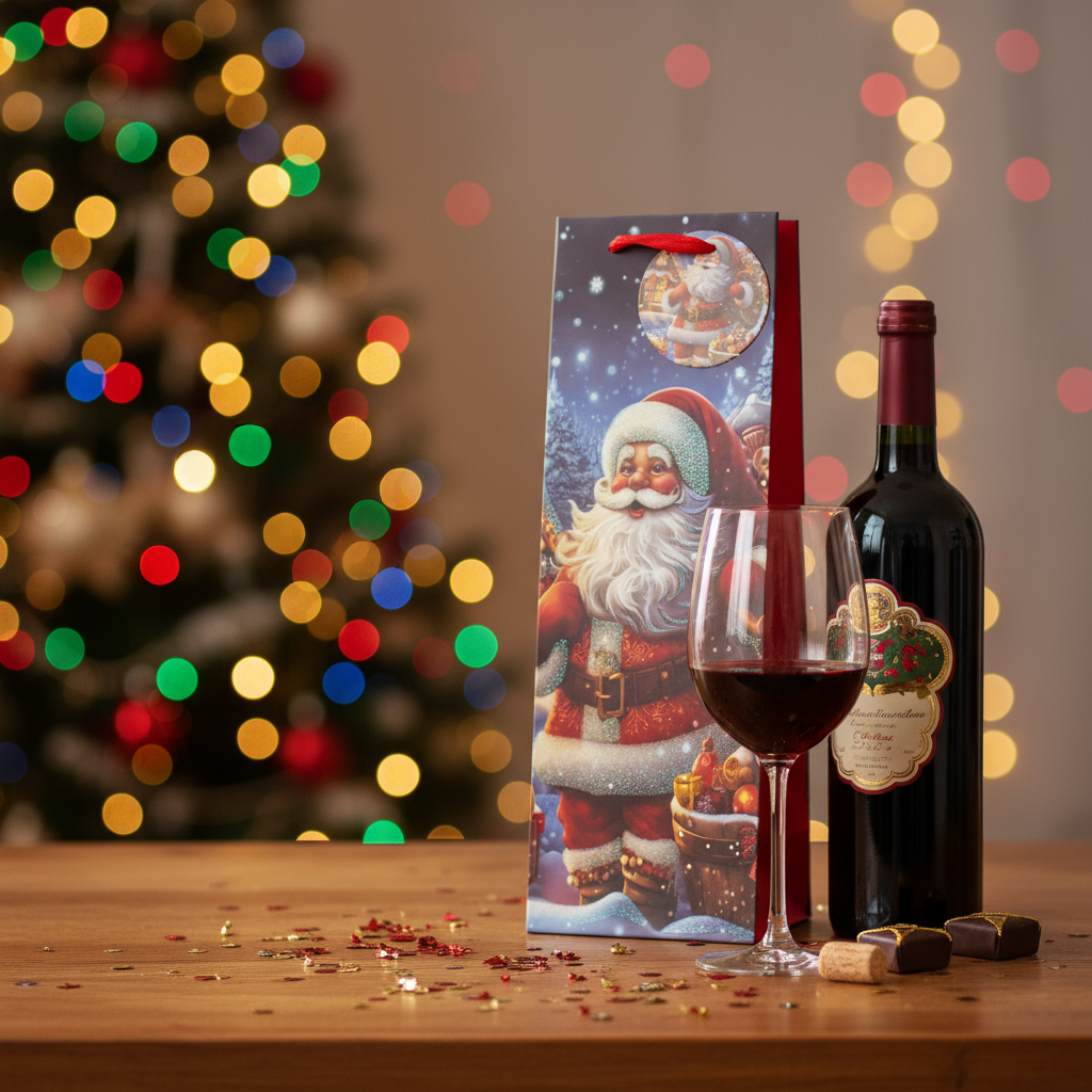 Christmas Wine Gift Bag with Glitter Santa 12 X 10 X 36cm 1pc