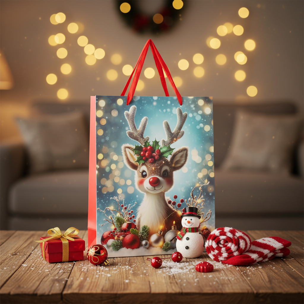 Christmas Gift Bag With Glitter Festive Reindeer 26 X 10 X 32cm 1pc