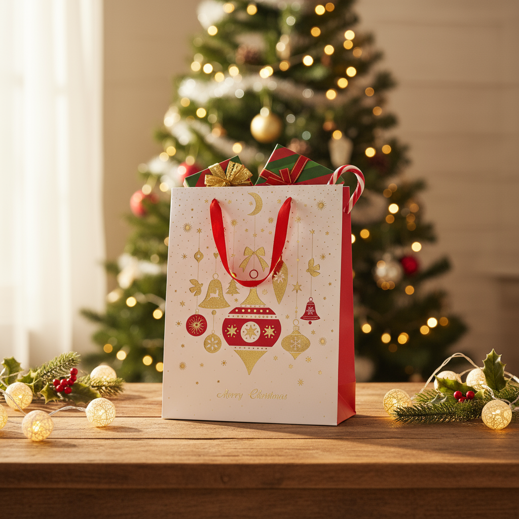 Christmas Gift Bag With Foil Detailing Festive Ornaments 26 X 10 X 32cm 1pc