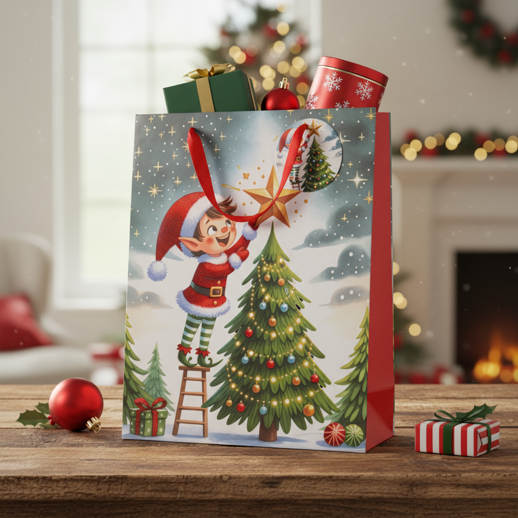 Christmas Gift Bag With Glitter Festive Elf 26 X 10 X 32cm 1pc