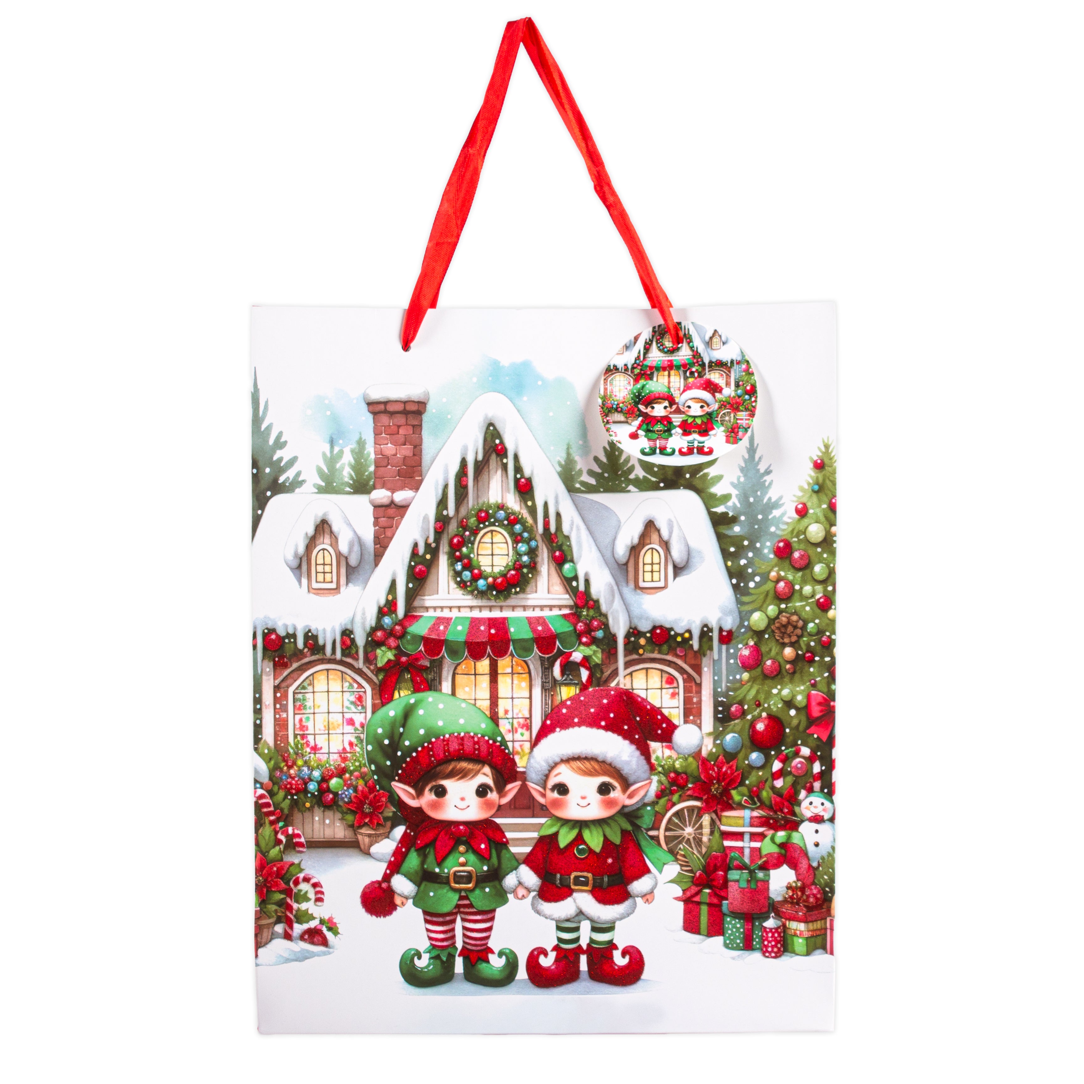 Christmas Gift Bag With Glitter Adorable Elves 26 X 10 X 32cm 1pc