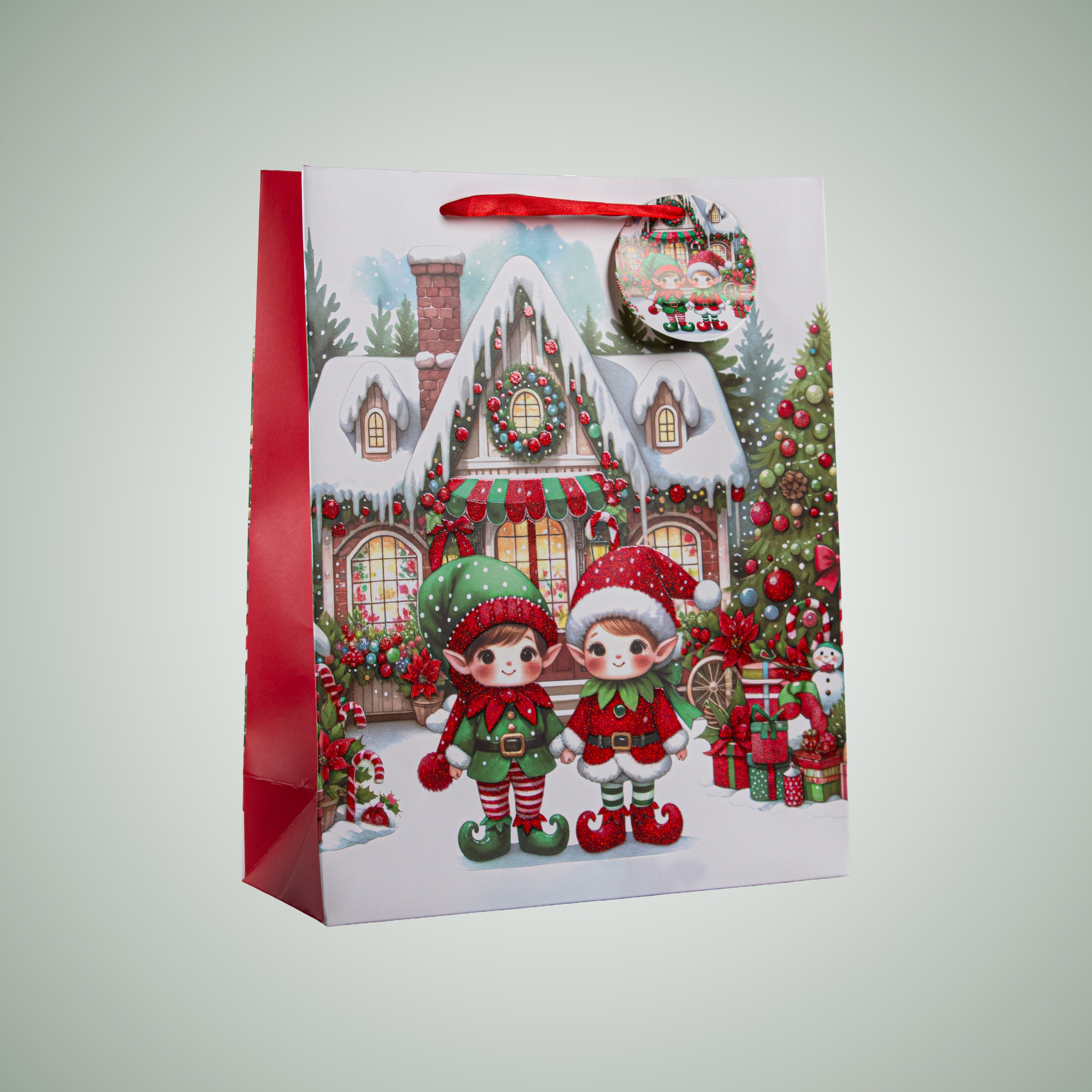 Christmas Gift Bag With Glitter Adorable Elves 26 X 10 X 32cm 1pc