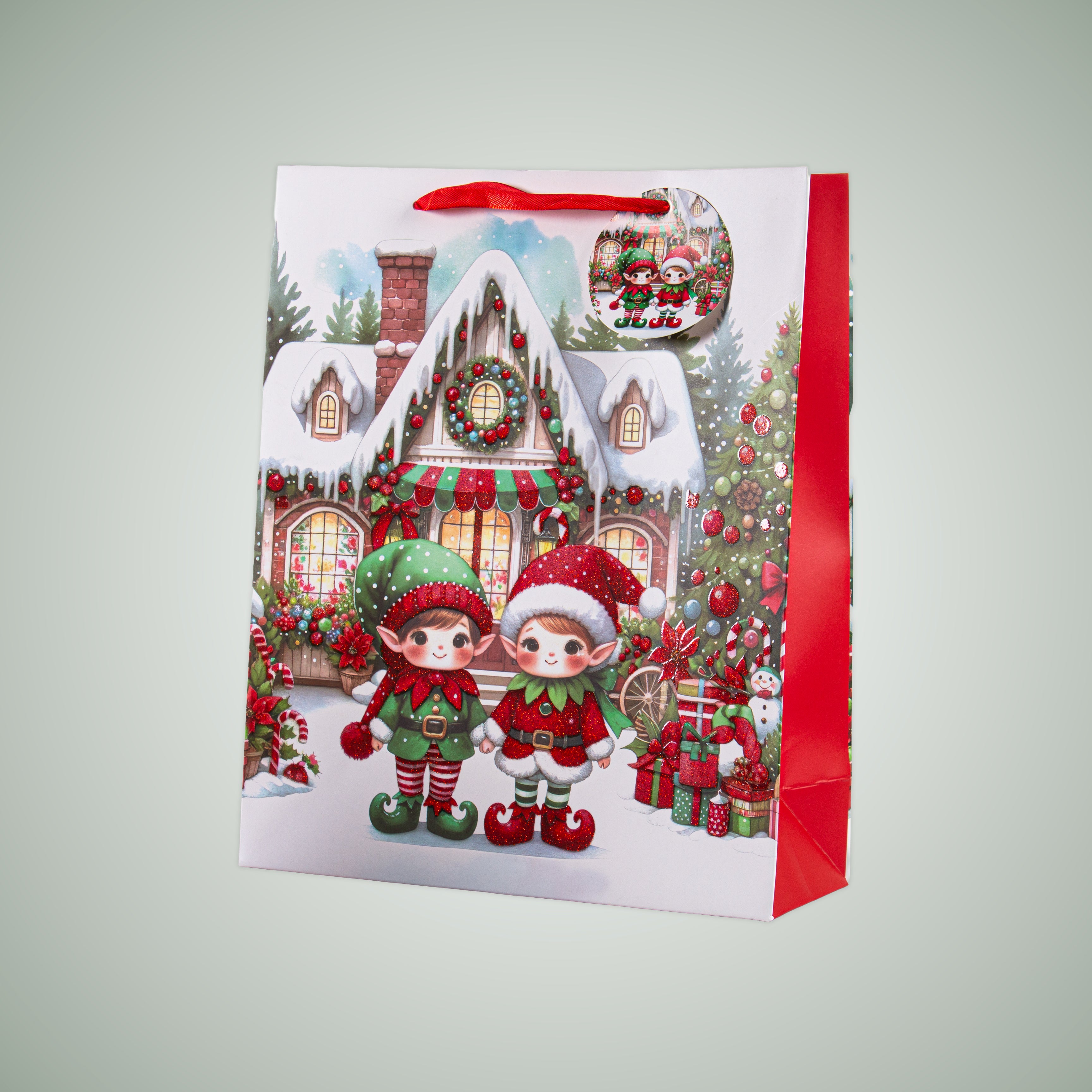 Christmas Gift Bag With Glitter Adorable Elves 26 X 10 X 32cm 1pc