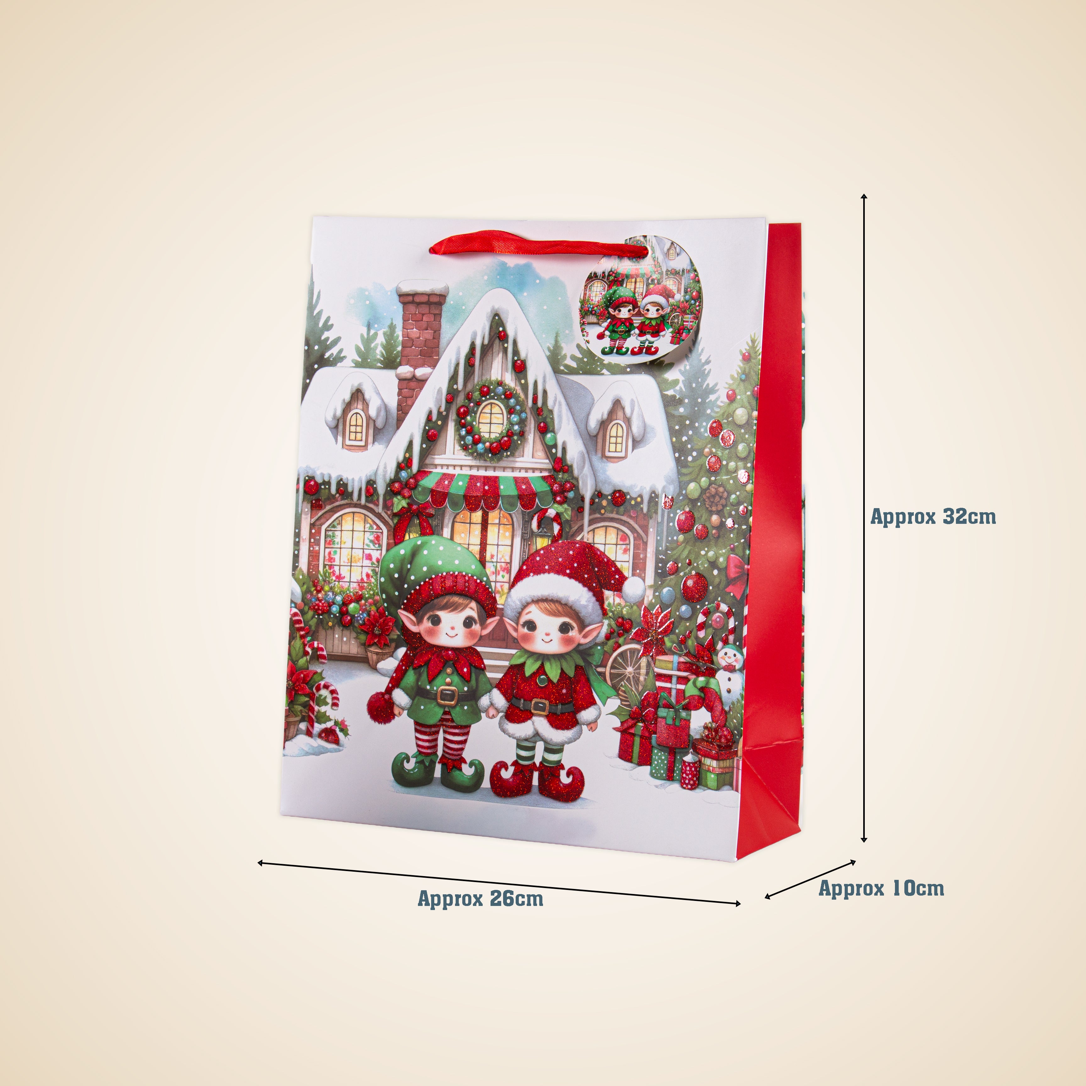 Christmas Gift Bag With Glitter Adorable Elves 26 X 10 X 32cm 1pc
