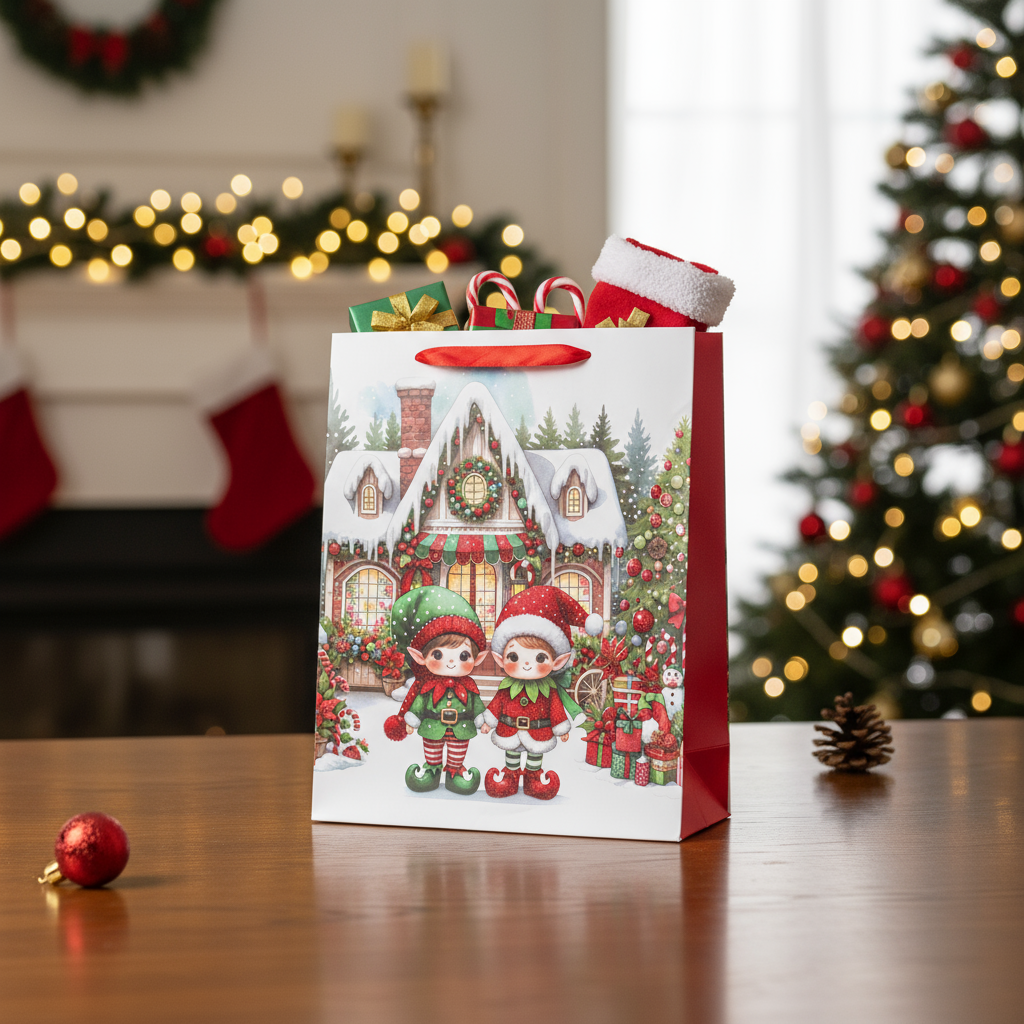 Christmas Gift Bag With Glitter Adorable Elves 26 X 10 X 32cm 1pc