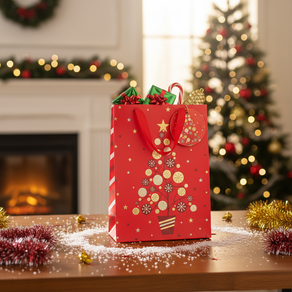 Christmas Gift Bag With Gold Foil Detailing Festive Tree 26 X 10 X 32cm 1pc