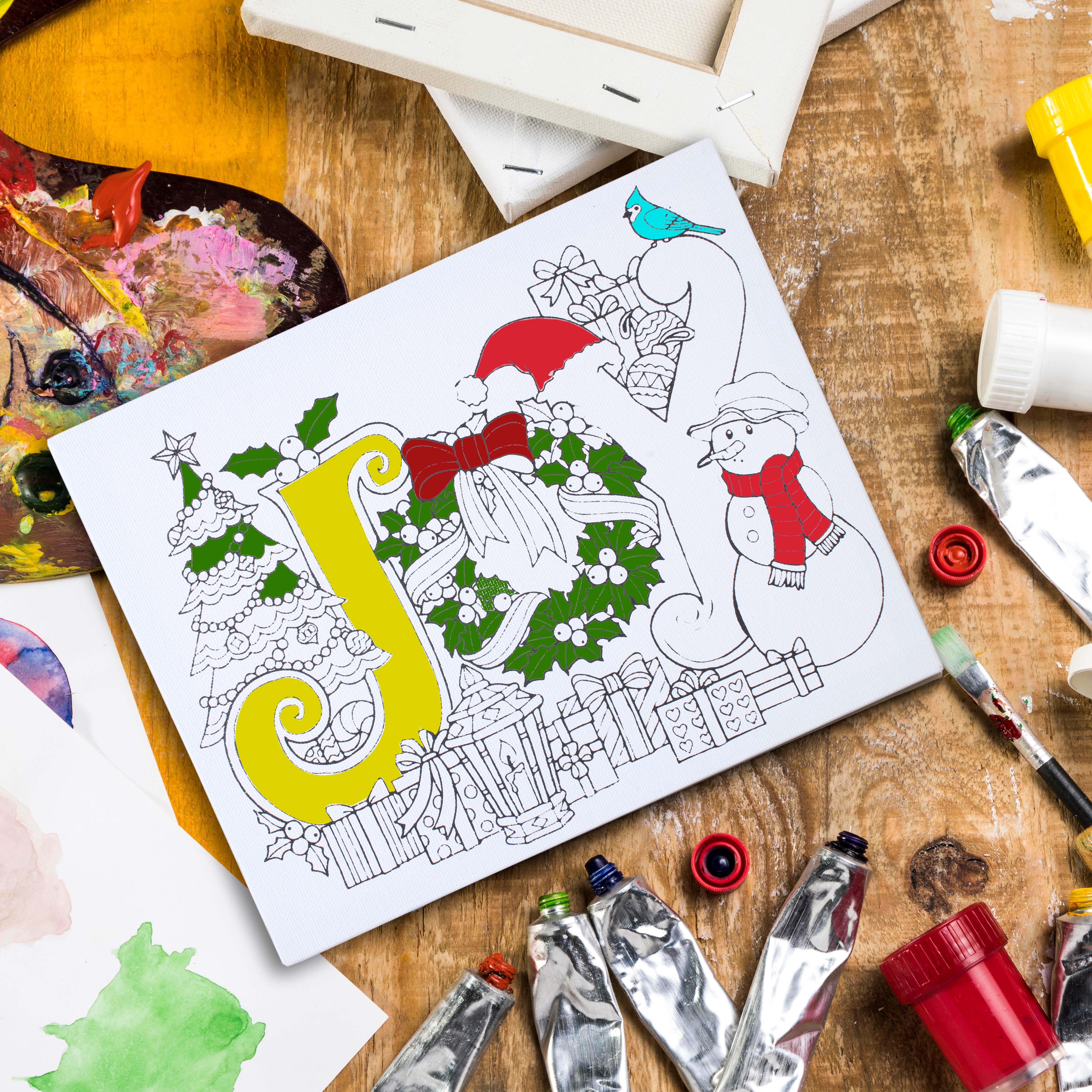 Pre Primed Printed Stretched Canvas With Paints Joy To The World L10 X W8Inch 1pc