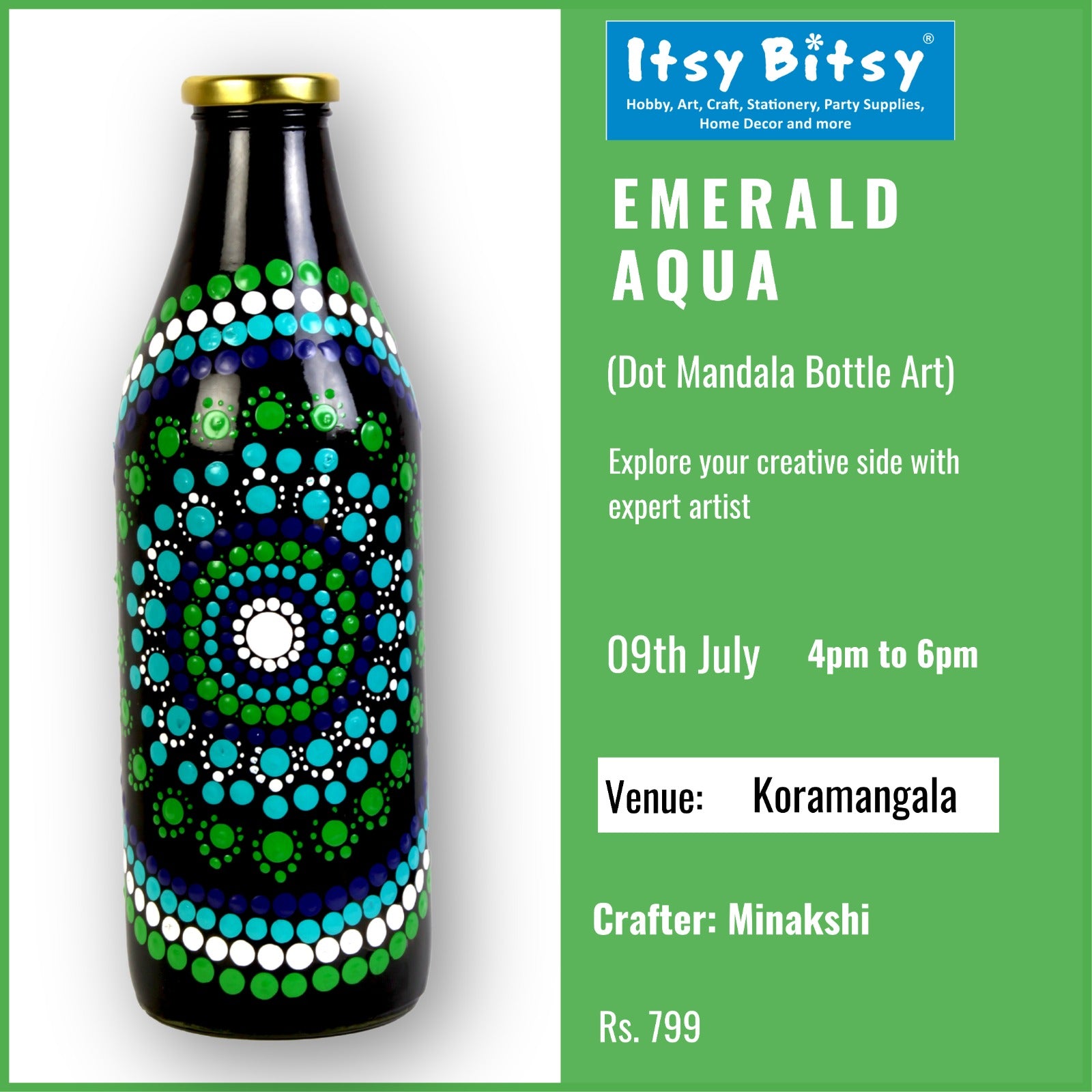 Emerald Aqua Dot Mandala Bottle Art Koramangala, Bangalore Itsy Bitsy