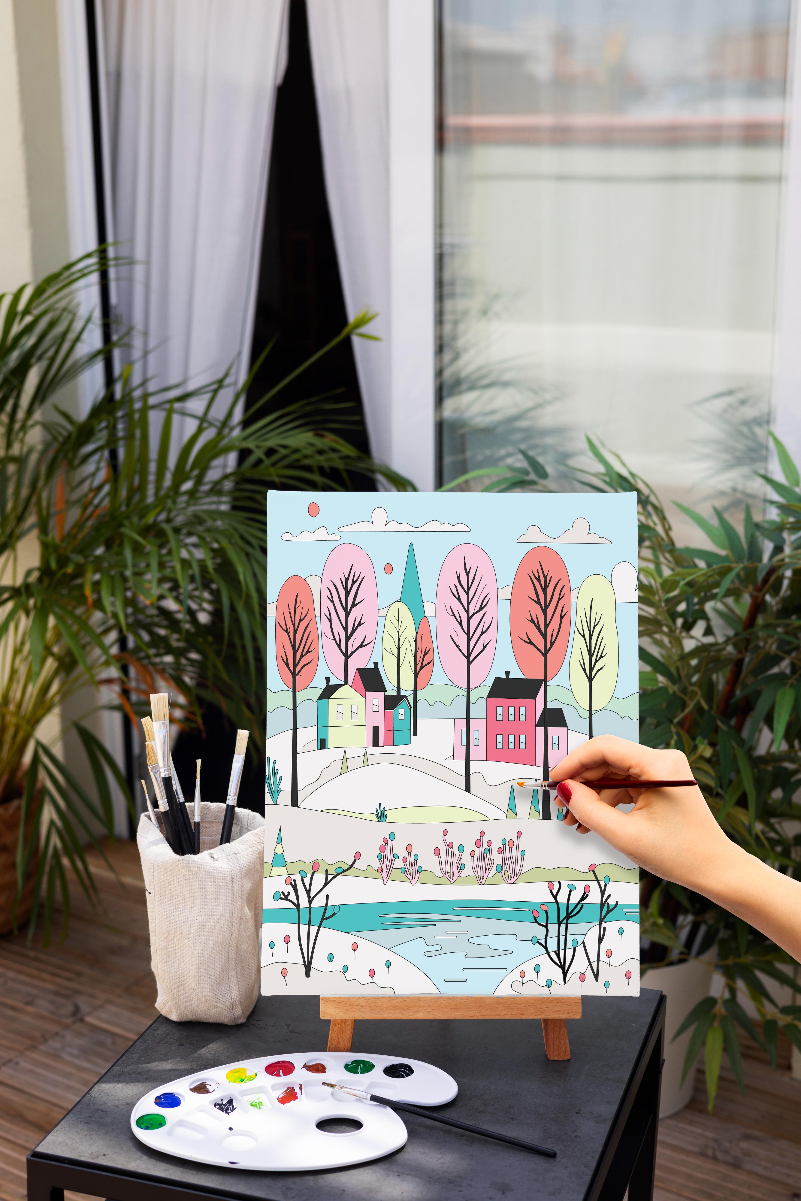 Paint By Numbers - Winterscape, Canvas L8in X W12in, Easel L24in X W20.5cm (approx)