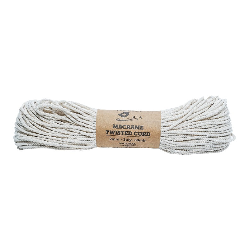 Macrame Cotton Twisted Cord 2mm 3 Ply Natural 50Mtr