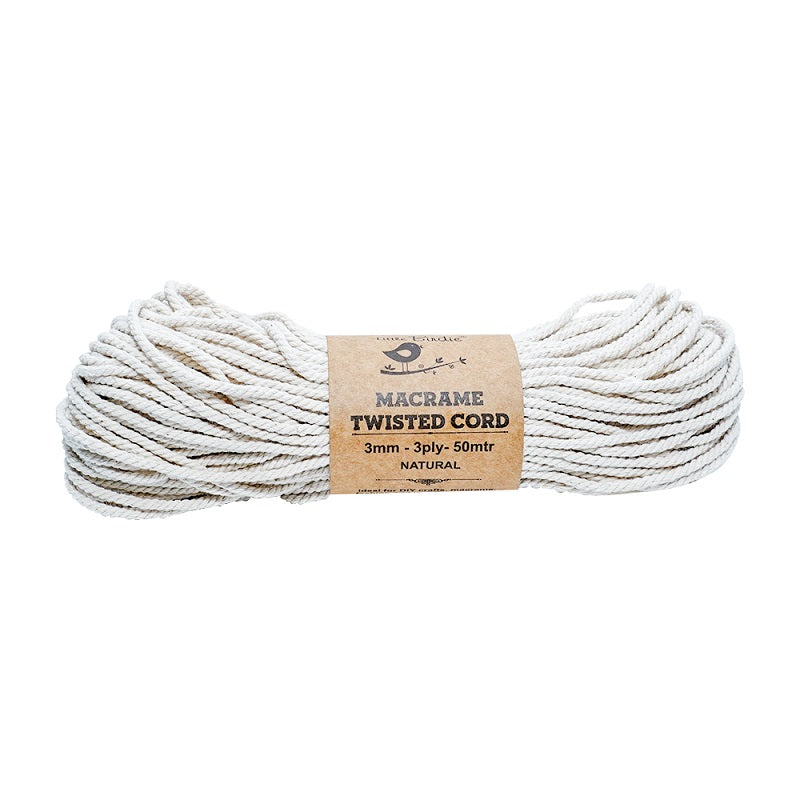 Macrame Cotton Twisted Cord 3mm 3 Ply Natural 50Mtr
