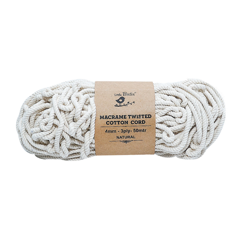 Macrame Cotton Twisted Cord 4mm 3 Ply Natural 50Mtr