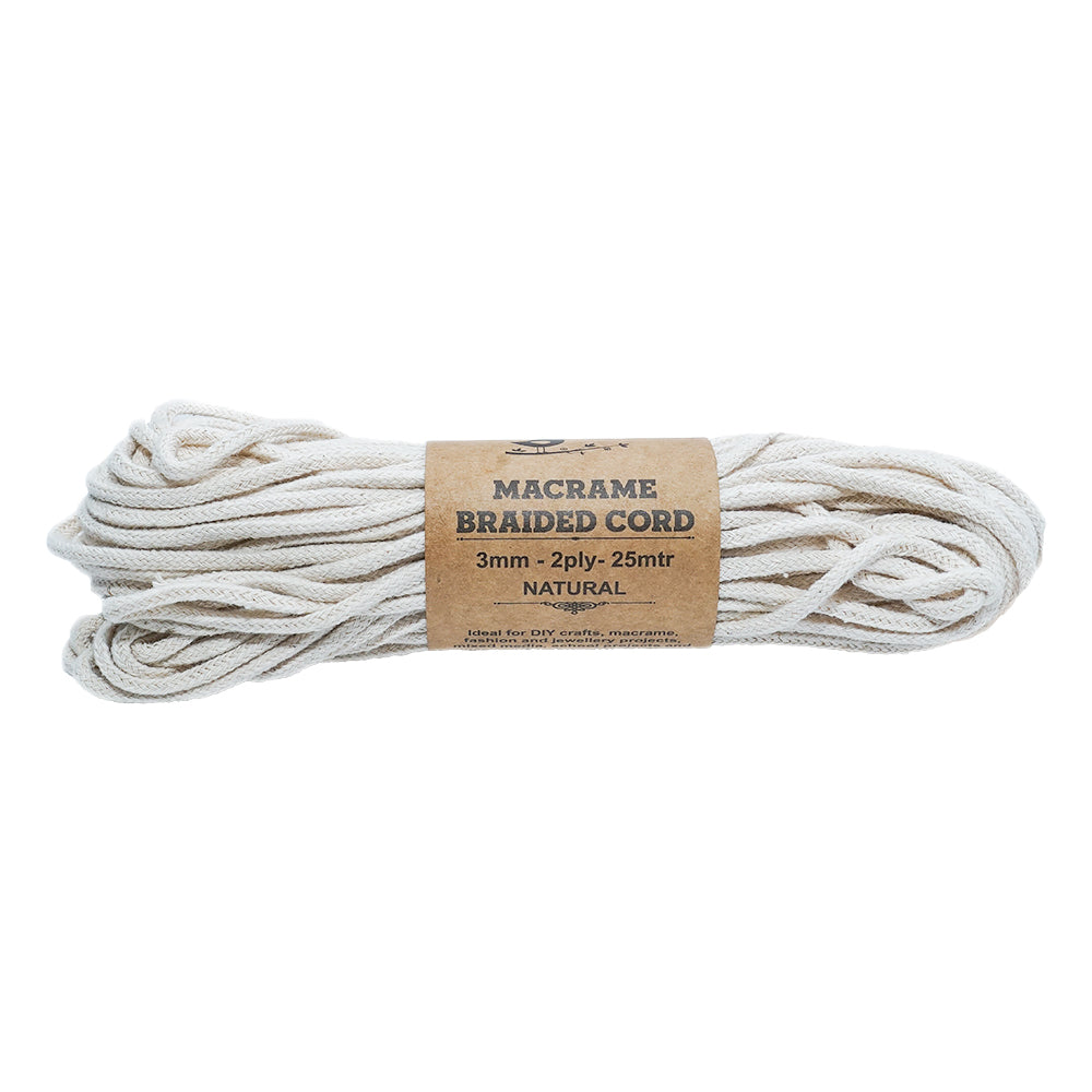 3mm 2 Ply Braided Cotton Cord Natural 25Mtr