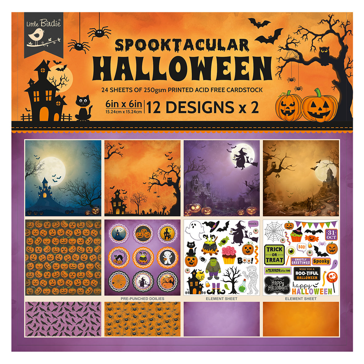 6 x 6 inch Printed Cardstock pack- Halloween, 24 Sheets, 12 Designs, 250 gsm