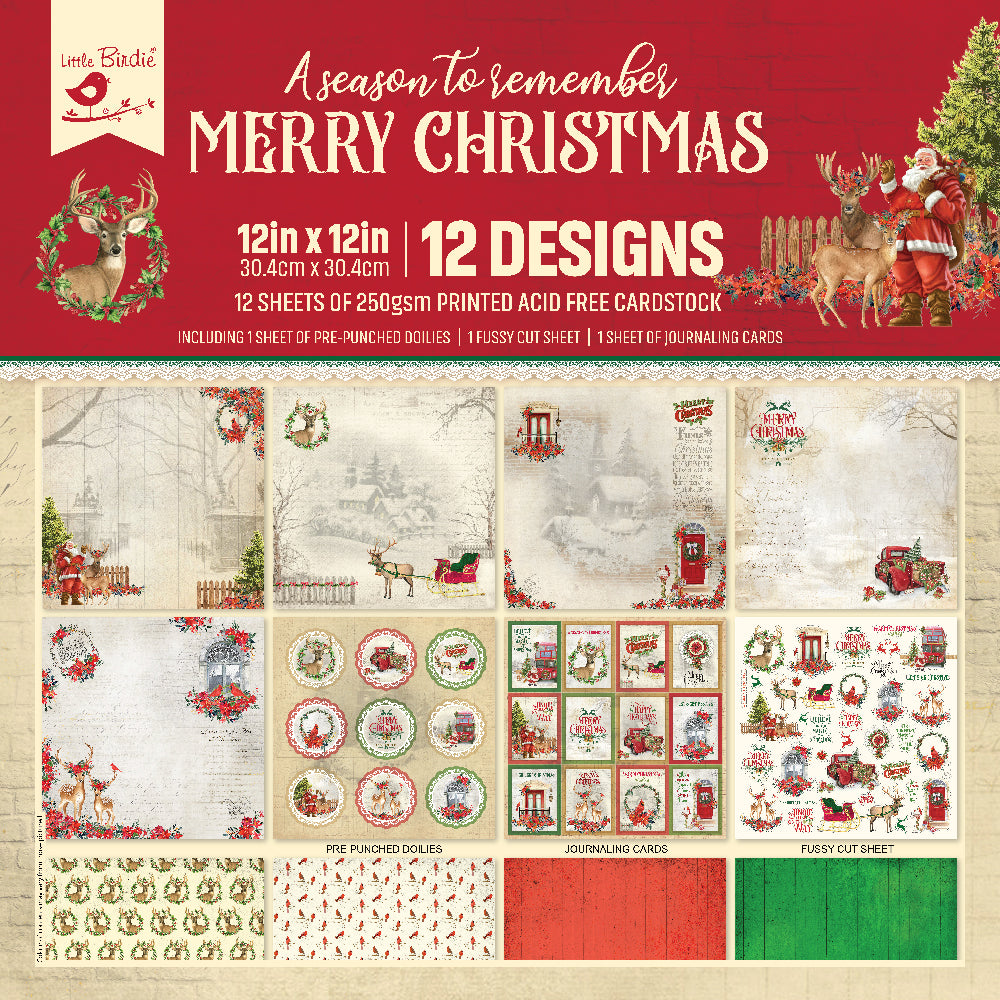 Little Birdie 12 x12 inch Printed Cardstock pack- Merry Christmas, 12 Sheets, 12 Designs, 250 gsm