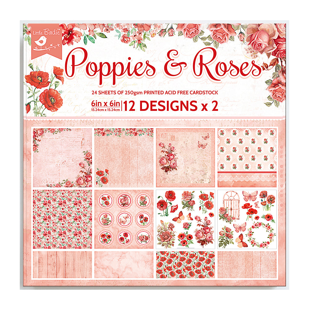 Paper Pack 6In X 6In 12Des X 2 Poppies & Roses 24 Sheets 250Gsm Lb
