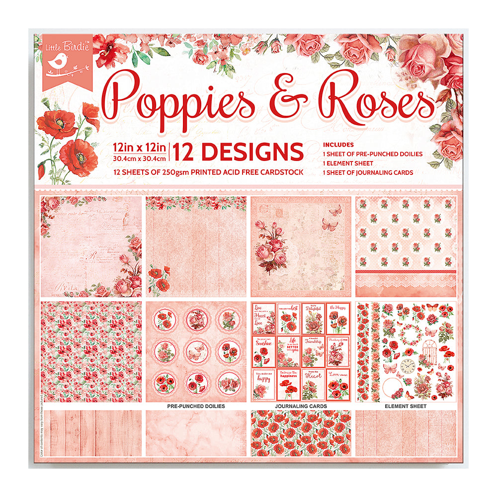 Paper Pack 12In X 12In Poppies & Roses 12 Sheets 250Gsm Lb