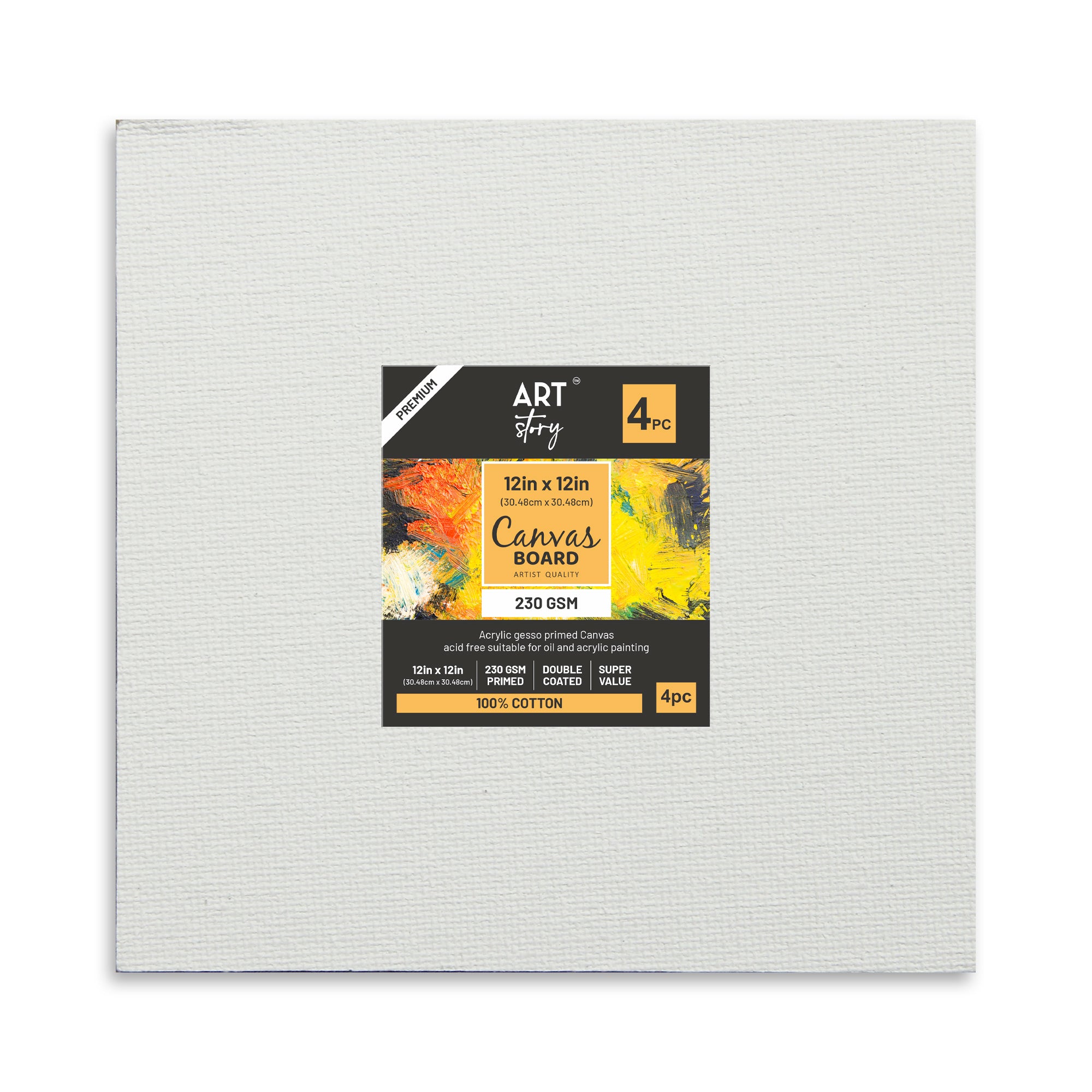 Canvas Board Square 12 X 12Inch 230Gsm 2Mm Thick 4Pc Shrink Lb