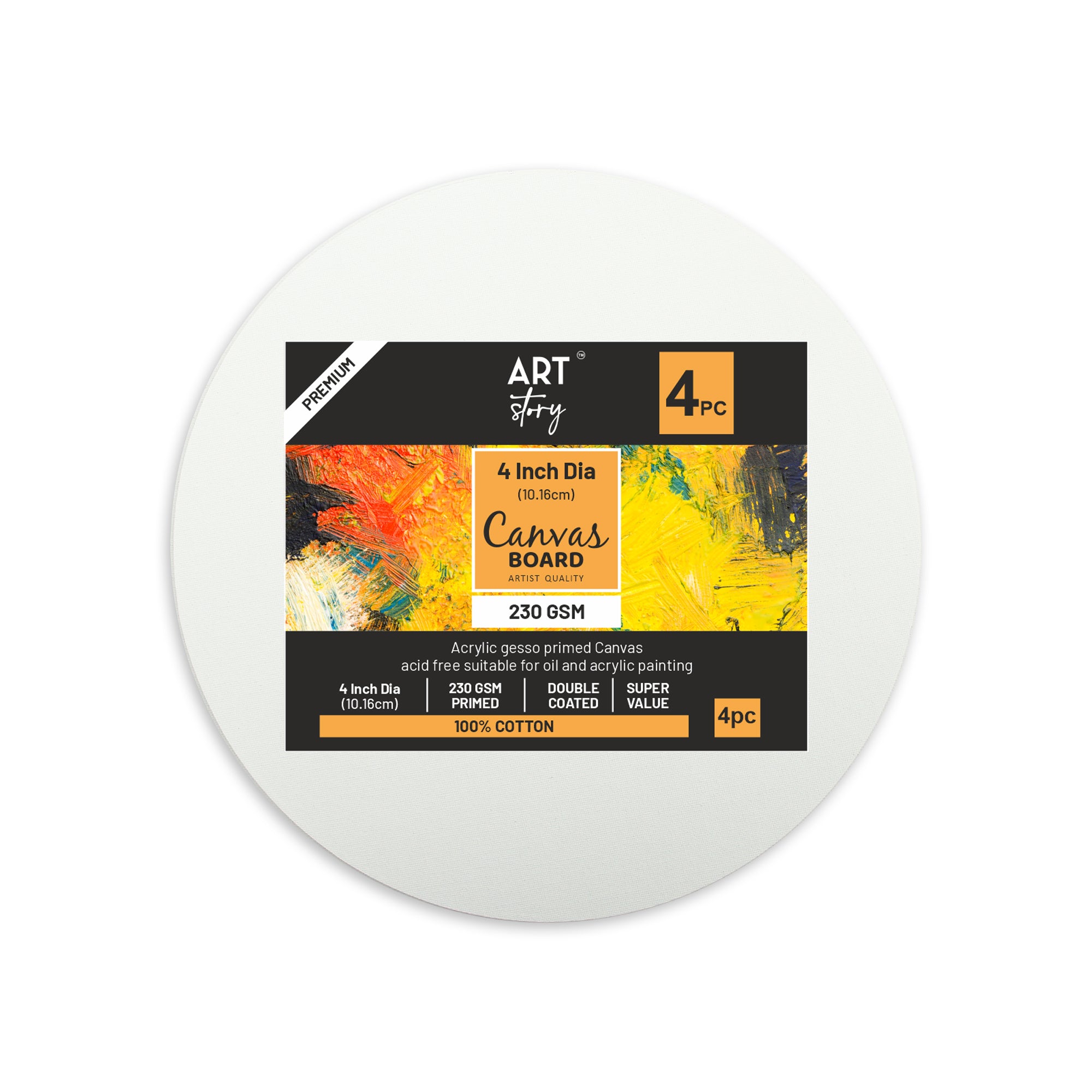 Canvas Board Round 4Inch Dia 230Gsm 2Mm Thick 4Pc Shrink Lb