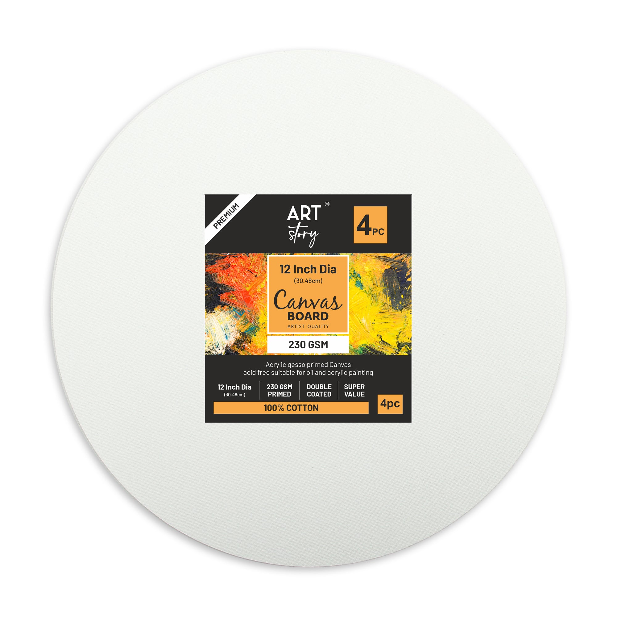 Canvas Board Round 12Inch Dia 230Gsm 2Mm Thick 4Pc Shrink Lb