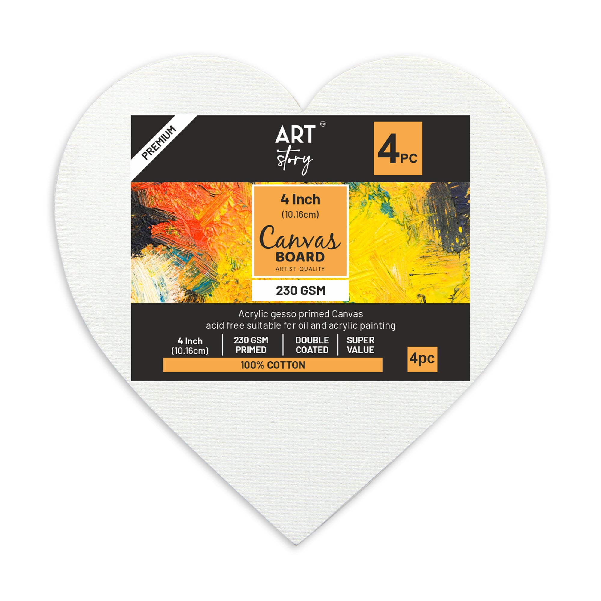 Canvas Board Heart 4 X 4Inch 230Gsm 2Mm Thick 4Pc Shrink Lb