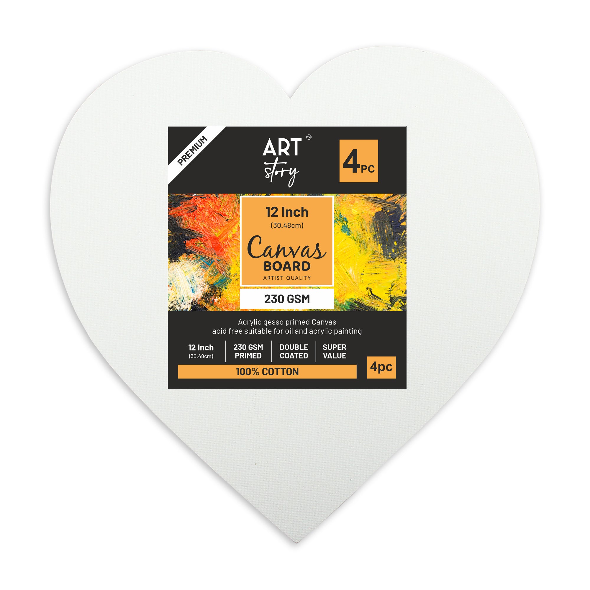Canvas Board Heart 12 X 12Inch 230Gsm 2Mm Thick 4Pc Shrink Lb