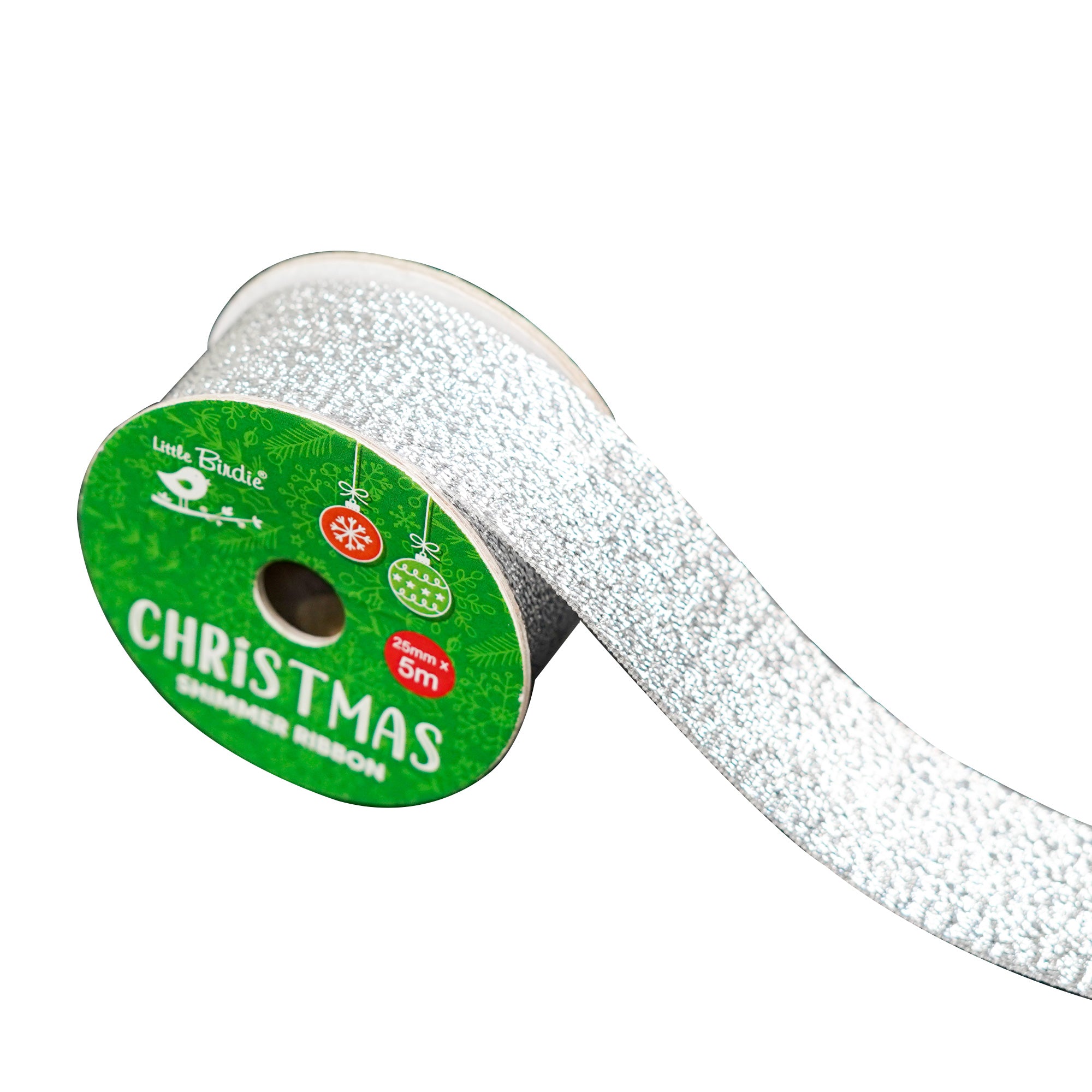 Christmas Shimmer Ribbon 25mm, Silver, 5mtr