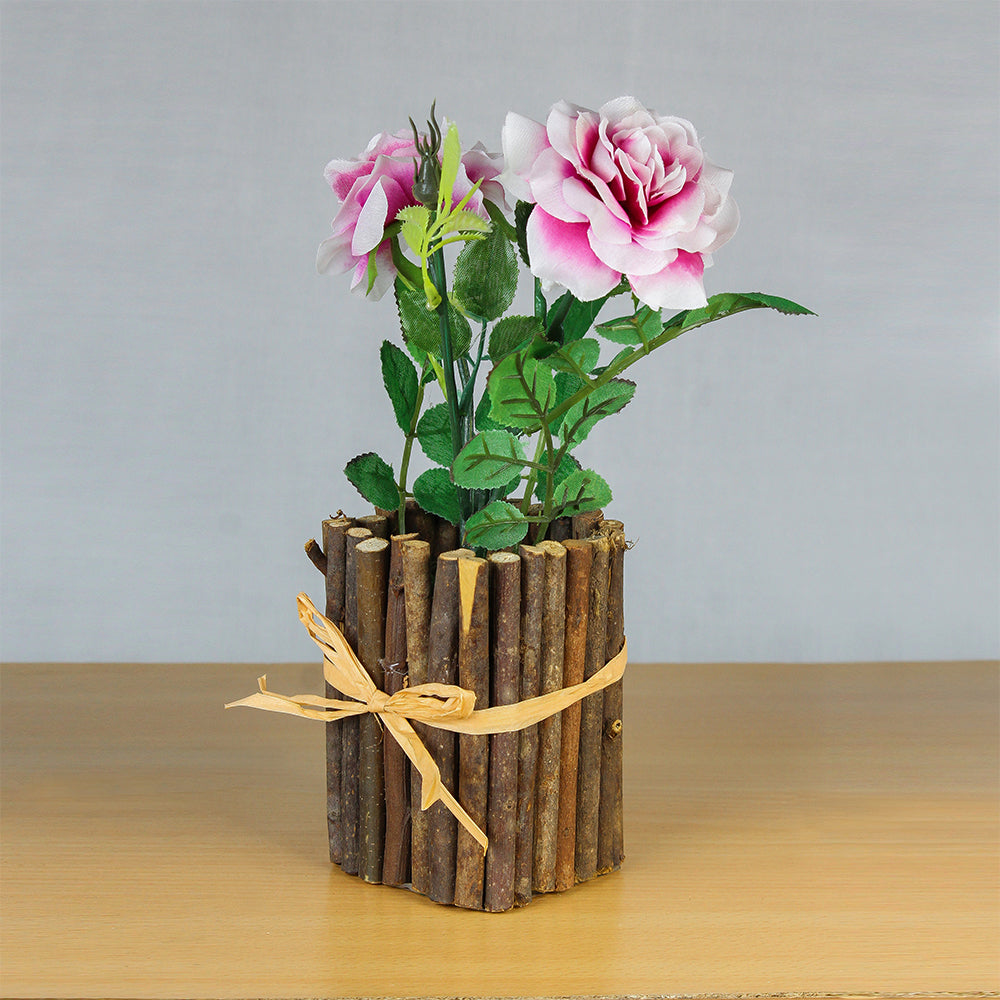 Artificial Rose With Rustic Wooden Planter - Pearl Pink