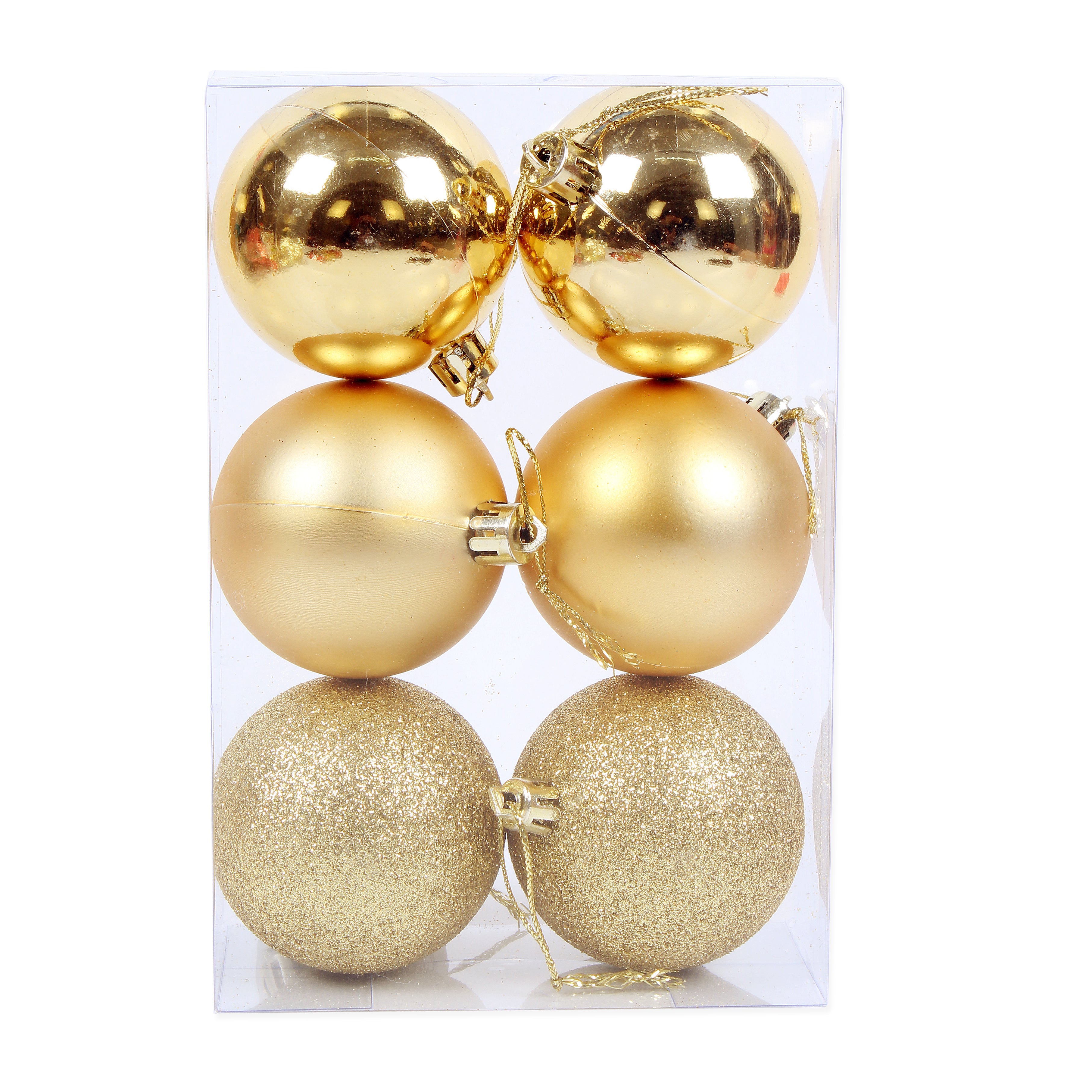 Christmas Tree Decoration Baubles Gold (Matte, Glossy & Glitter) 6pc Acetate