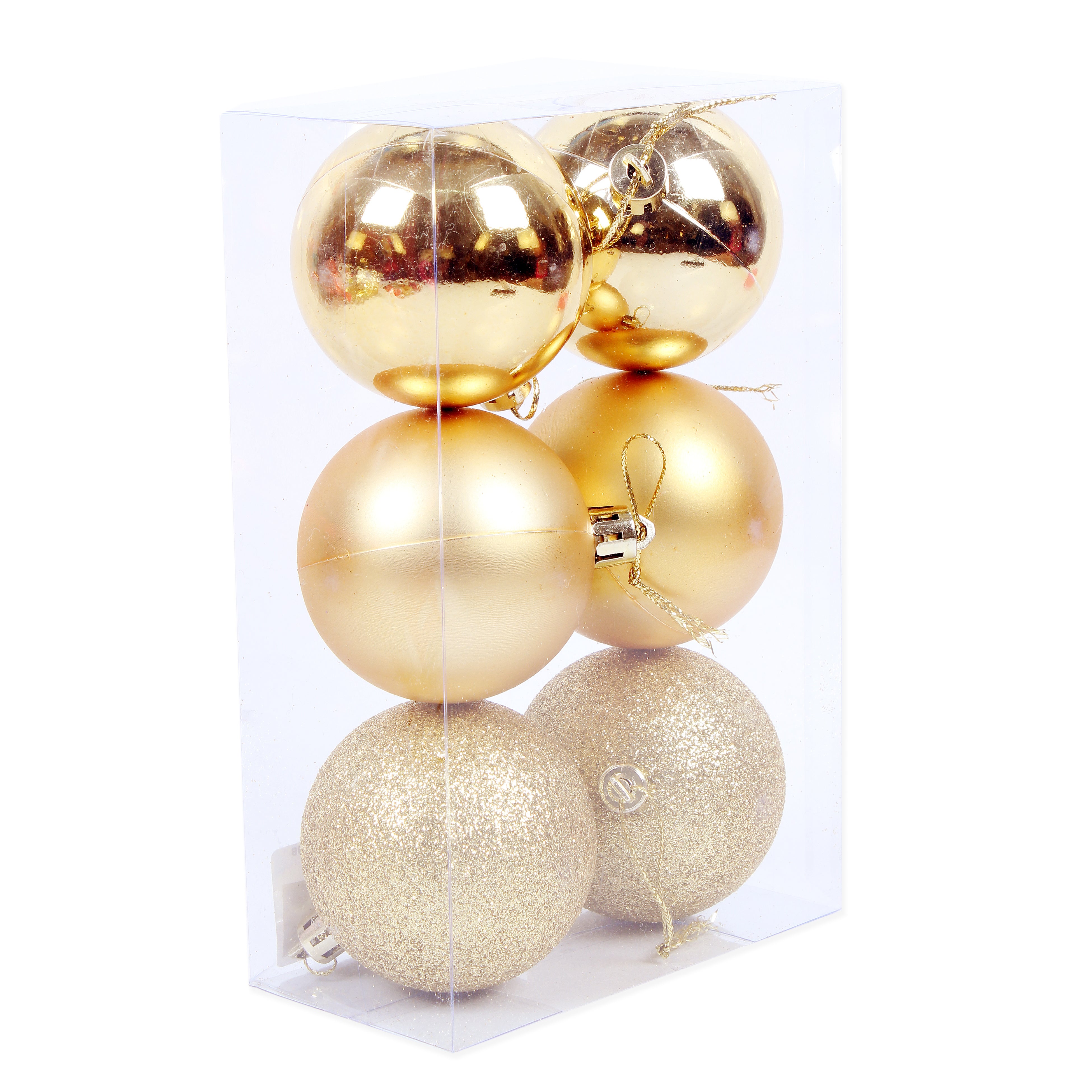 Christmas Tree Decoration Baubles Gold (Matte, Glossy & Glitter) 6pc Acetate